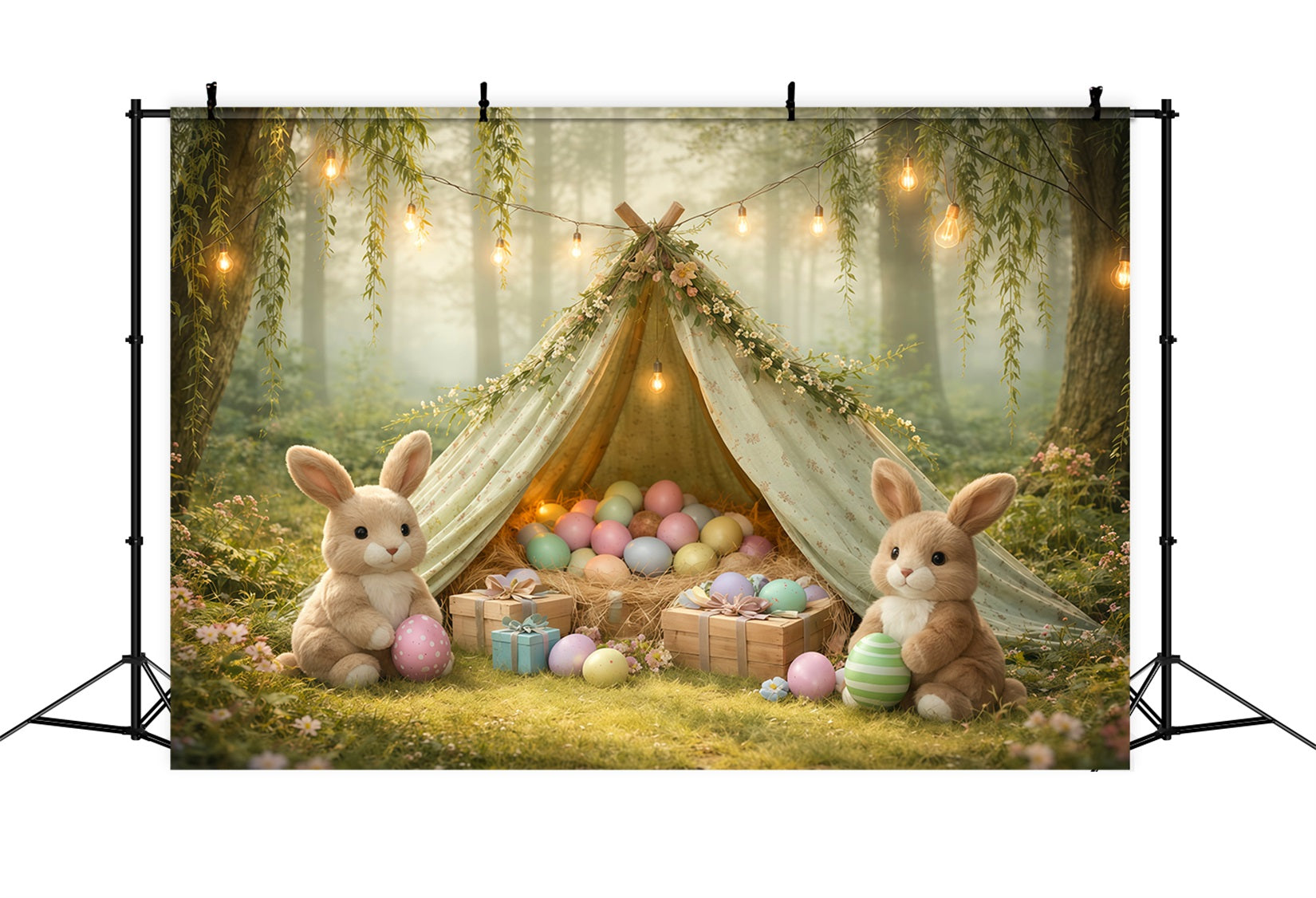Bunny Backdrop Foggy Forest Willow Egg Teepee Easter Pictures Backdrop UK LXX62-90