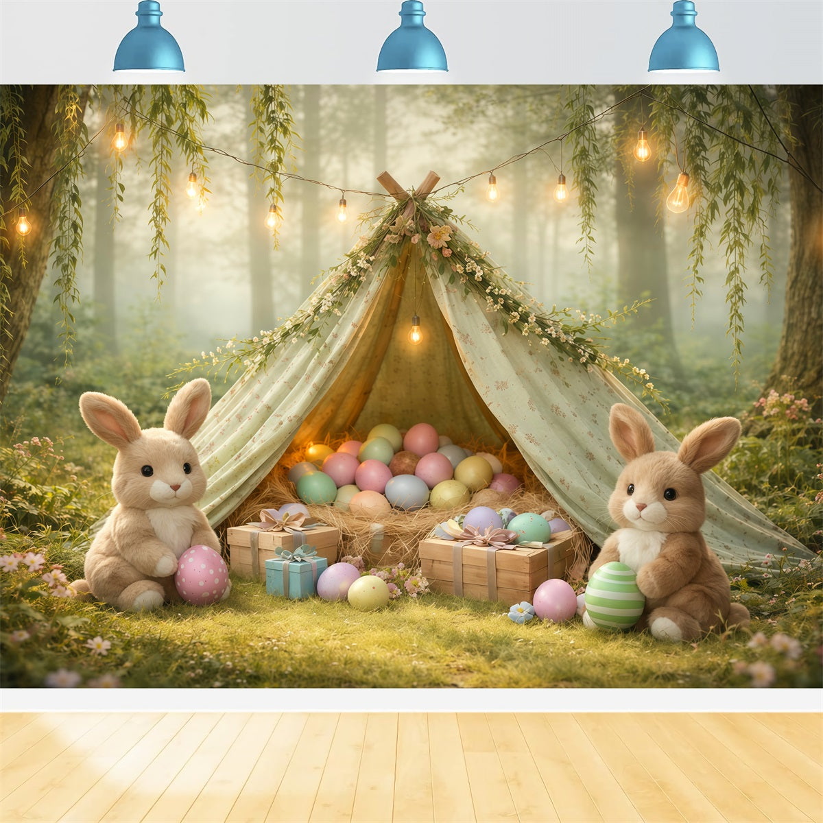 Bunny Backdrop Foggy Forest Willow Egg Teepee Easter Pictures Backdrop UK LXX62-90