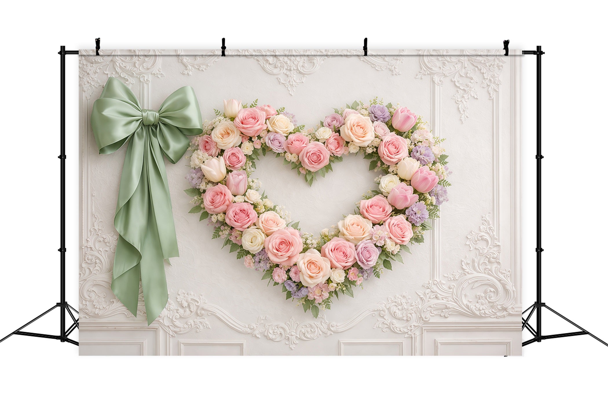 Heart Floral Frame Mother's Day Backdrop Elegant Wall Rose Ribbon Mother's Day Backdrop Ideas UK LXX63-14