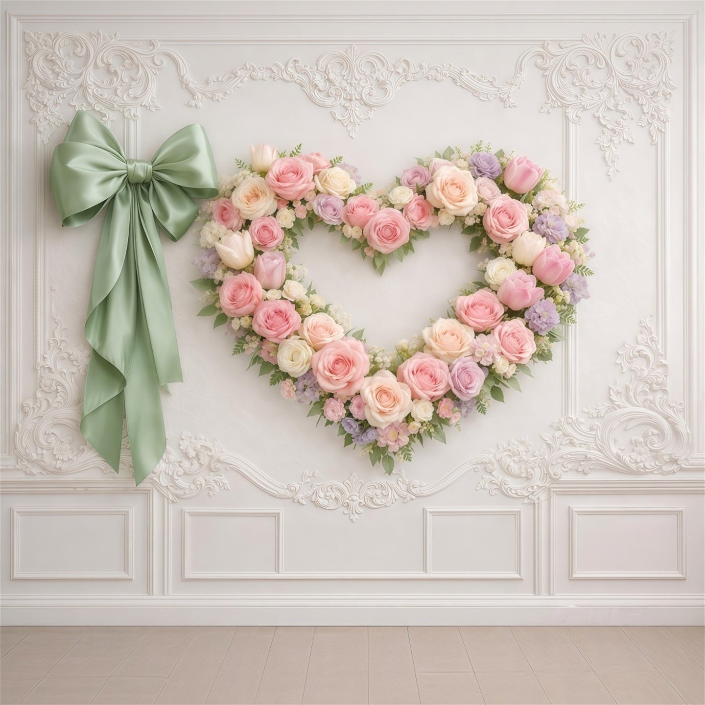 Heart Floral Frame Mother's Day Backdrop Elegant Wall Rose Ribbon Mother's Day Backdrop Ideas UK LXX63-14