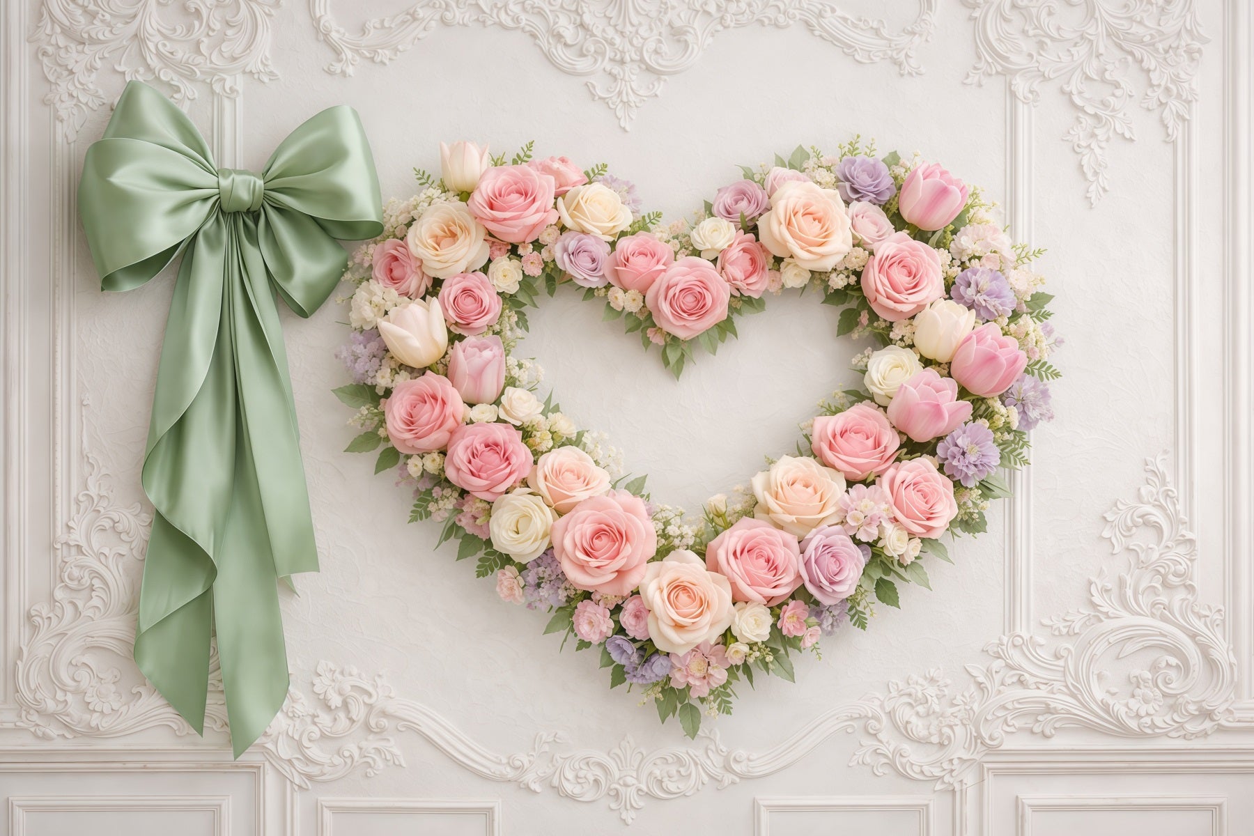 Heart Floral Frame Mother's Day Backdrop Elegant Wall Rose Ribbon Mother's Day Backdrop Ideas UK LXX63-14