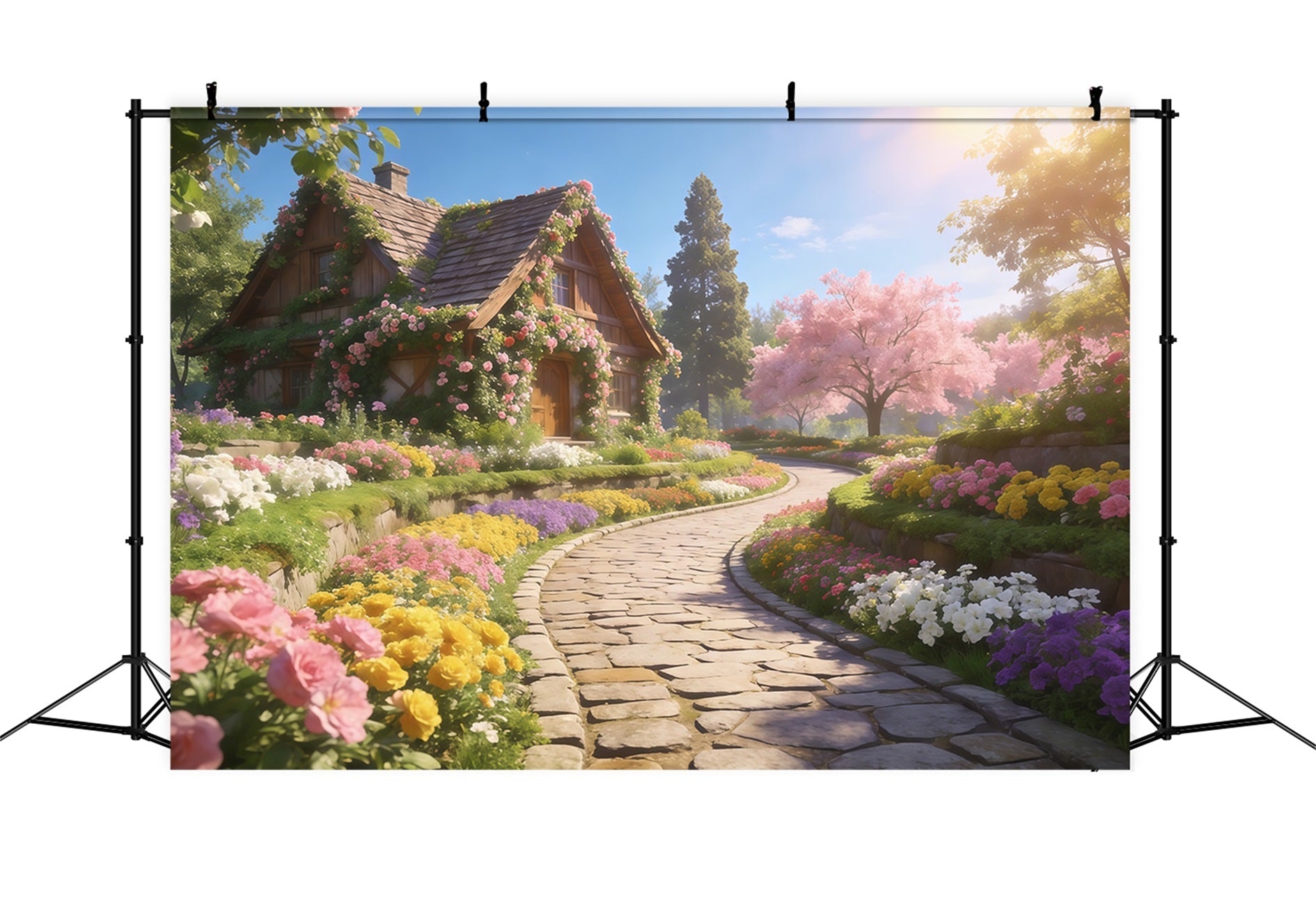 Romantic Cottage Mother's Day Backdrop Spring Flower Path Sunshine Happy Mothers Day Backdrop UK LXX63-15