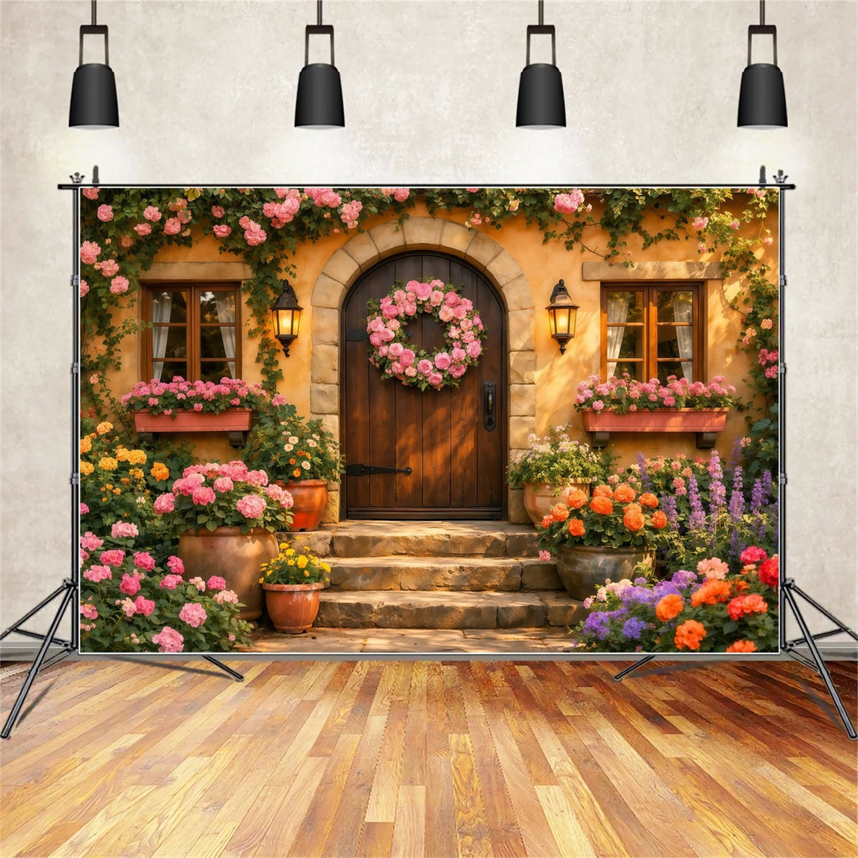 Romantic Cottage Mother's Day Backdrop Floral Wreath Door Lantern Happy Mothers Day Backdrop UK LXX63-18