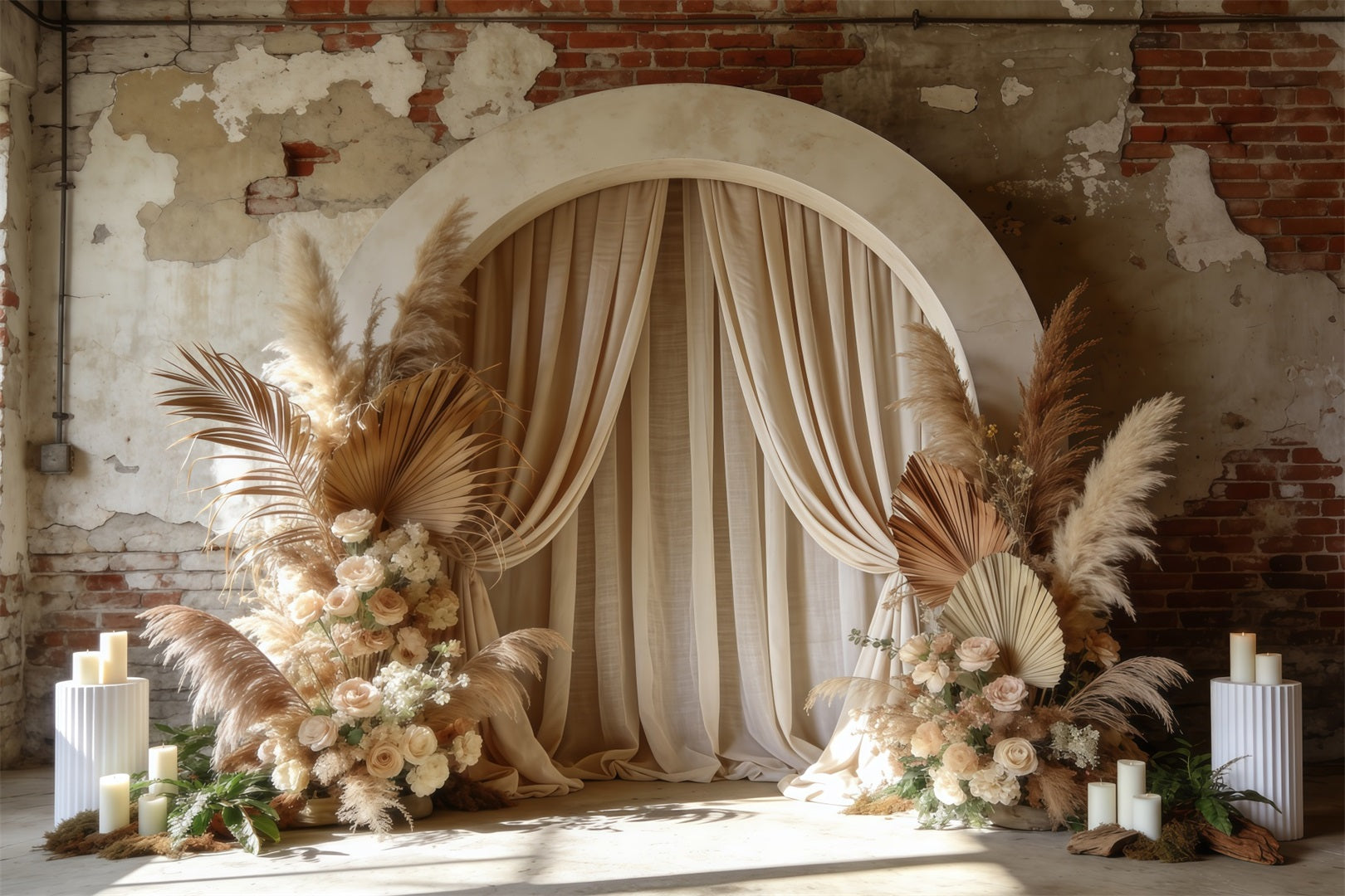Floral Arch Mother's Day Backdrop Boho Drape Pampas Brick Wall Mothers Day Backdrop Ideas UK LXX63-21