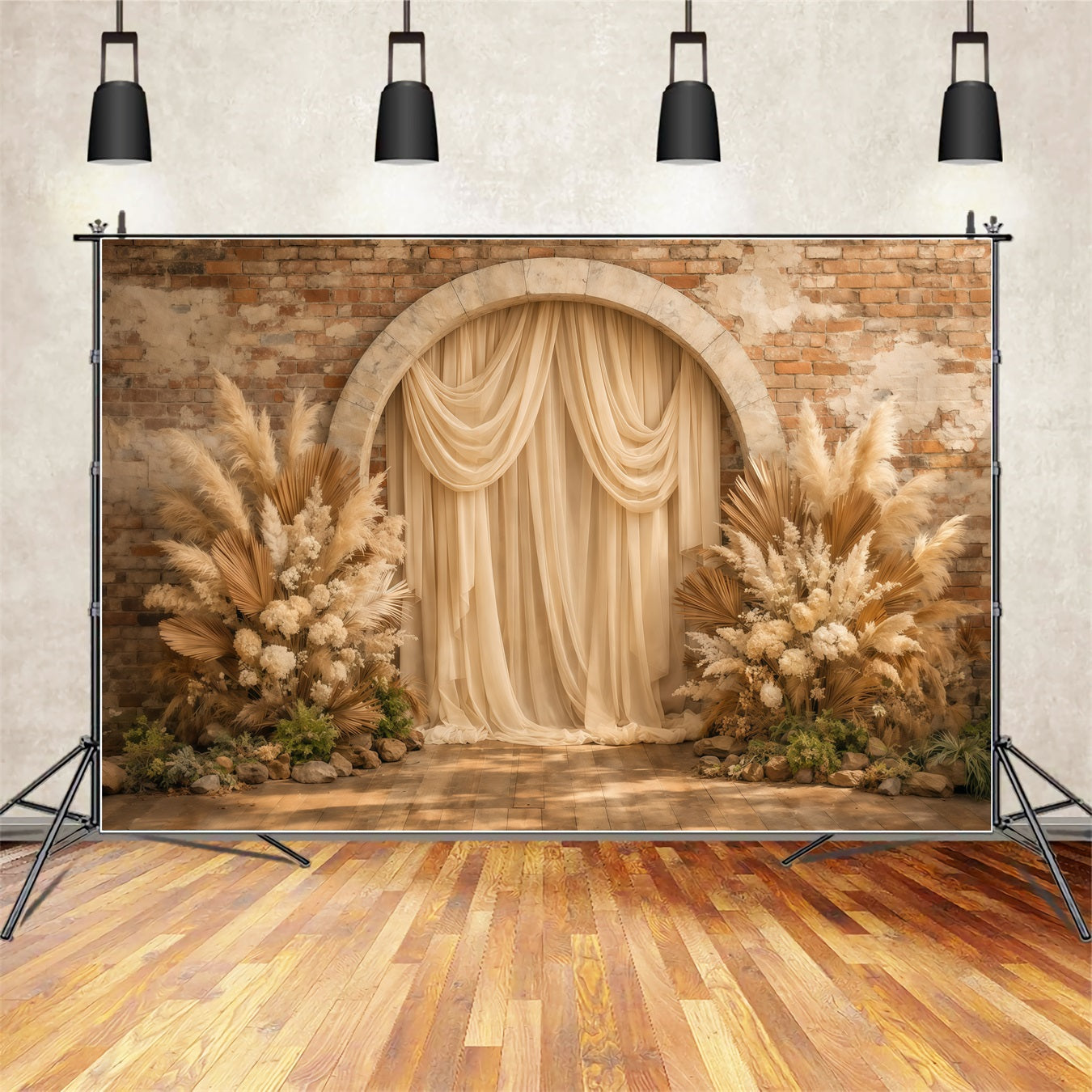 Floral Arch Mother's Day Backdrop Rustic Brick Wall Boho Pampas Mothers Day Backdrop Ideas UK LXX63-22