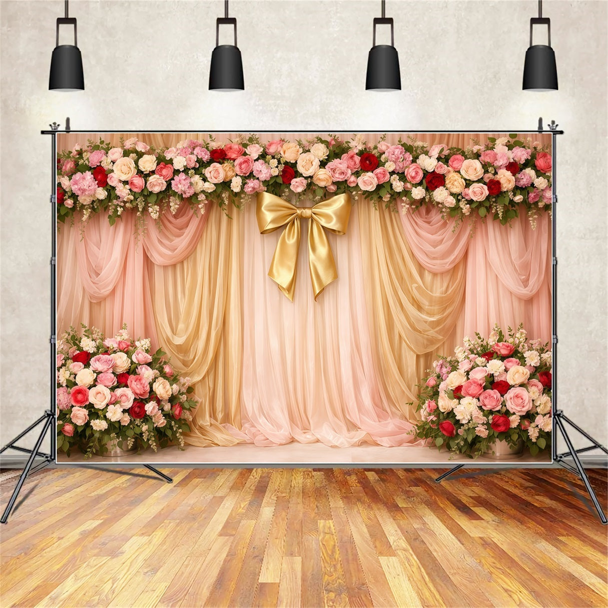 Pink Gold Romance Mother's Day Backdrop Pink Gold Draped Floral Bow Backdrops For Mother's Day UK LXX63-29