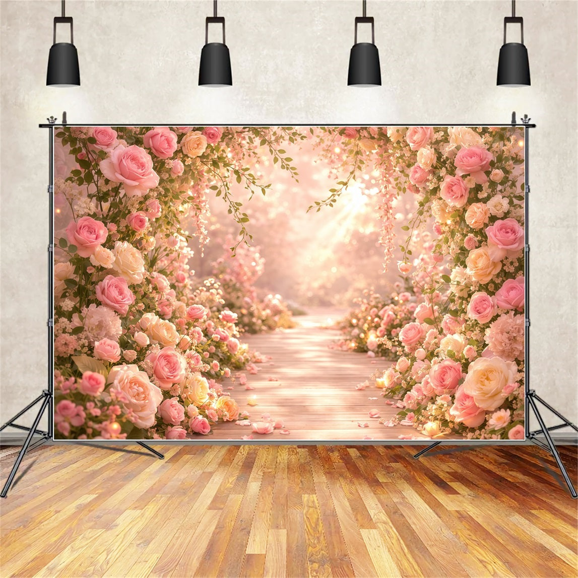 Pink Gold Romance Mother's Day Backdrop Romantic Rose Light Pathway Backdrops For Mother's Day UK LXX63-30