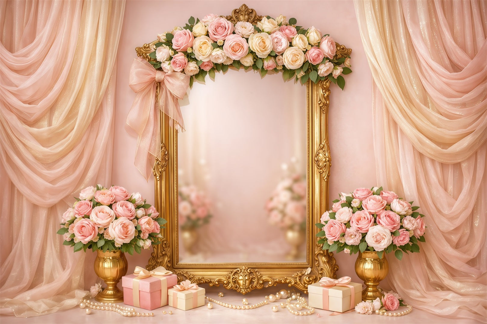 Pink Gold Romance Mother's Day Backdrop Luxury Frame Floral Gift Backdrops For Mother's Day UK LXX63-31
