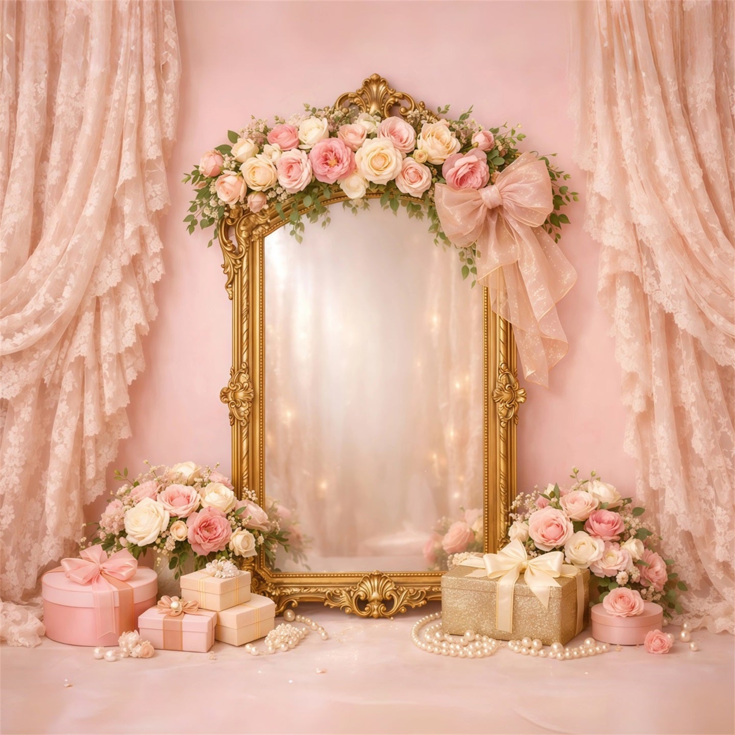 Pink Gold Romance Mother's Day Backdrop Vintage Lace Mirror Floral Gift Backdrops For Mother's Day UK LXX63-32