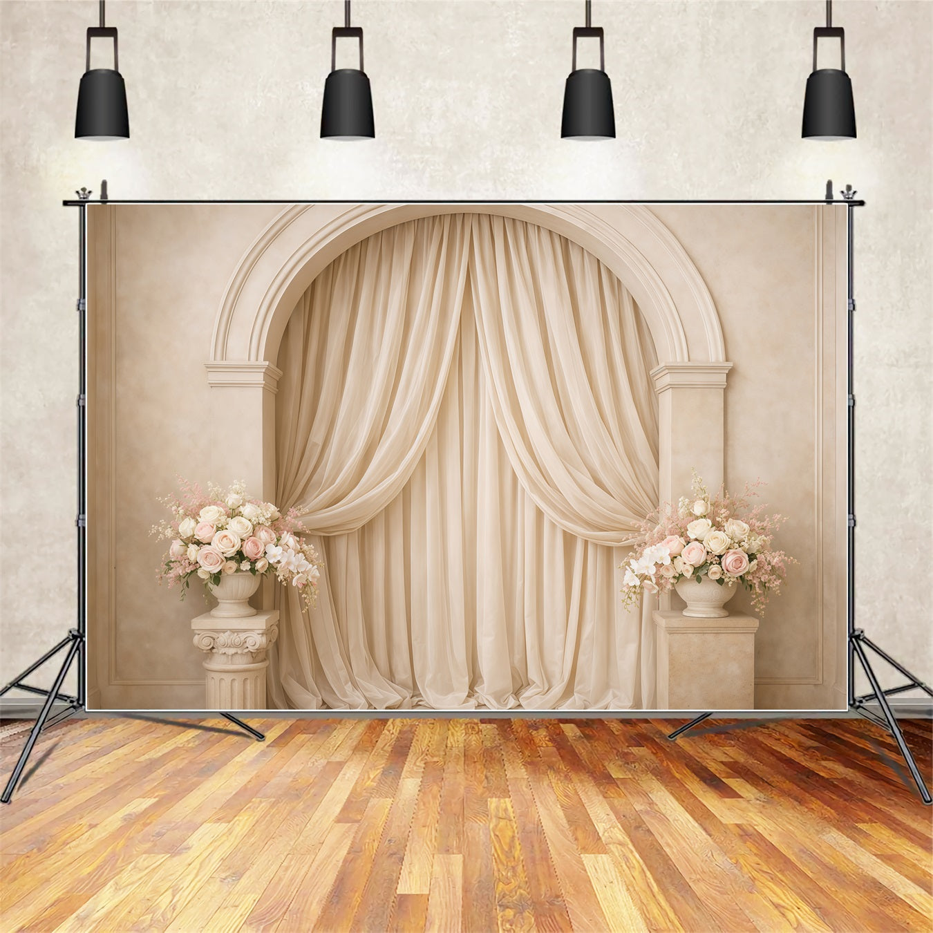 Pastel Retro Mother's Day Backdrop Cream Arch Draped Floral Pedestals Mothers Day Photo Backdrops UK LXX63-38