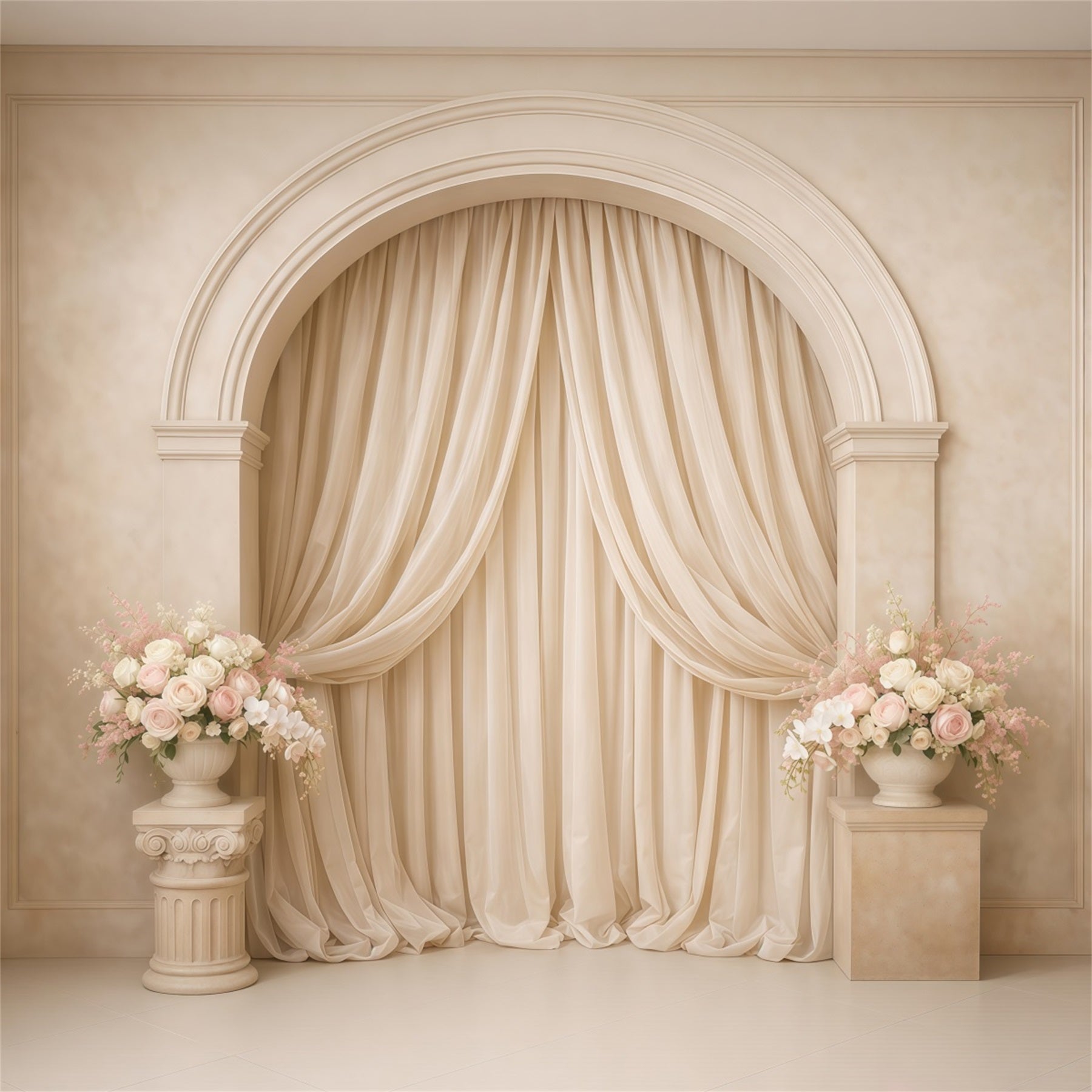 Pastel Retro Mother's Day Backdrop Cream Arch Draped Floral Pedestals Mothers Day Photo Backdrops UK LXX63-38