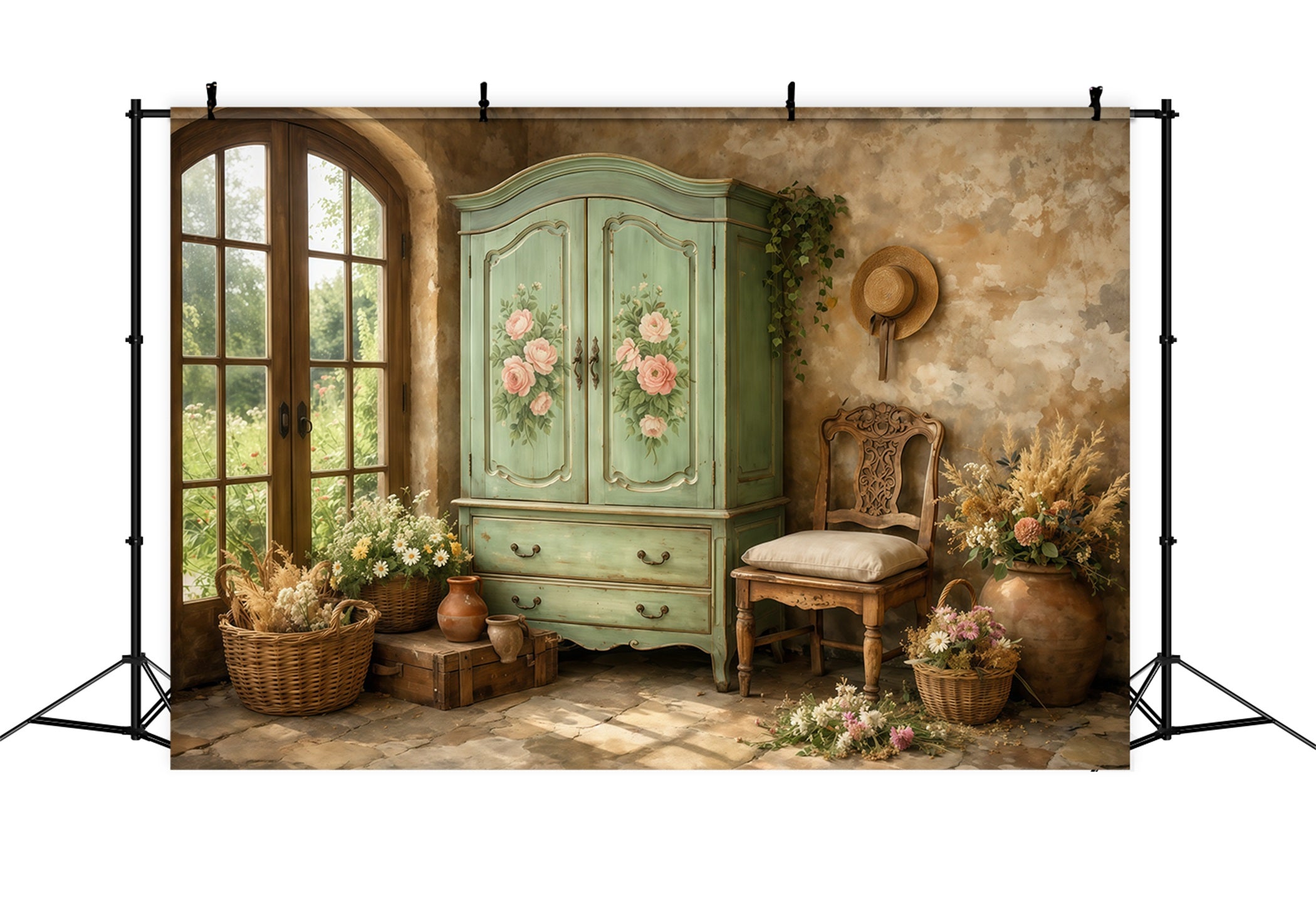 Farmhouse Chic Mother's Day Backdrop Vintage Mint Wardrobe Interior Mother's Day Picture Backdrop UK LXX63-41