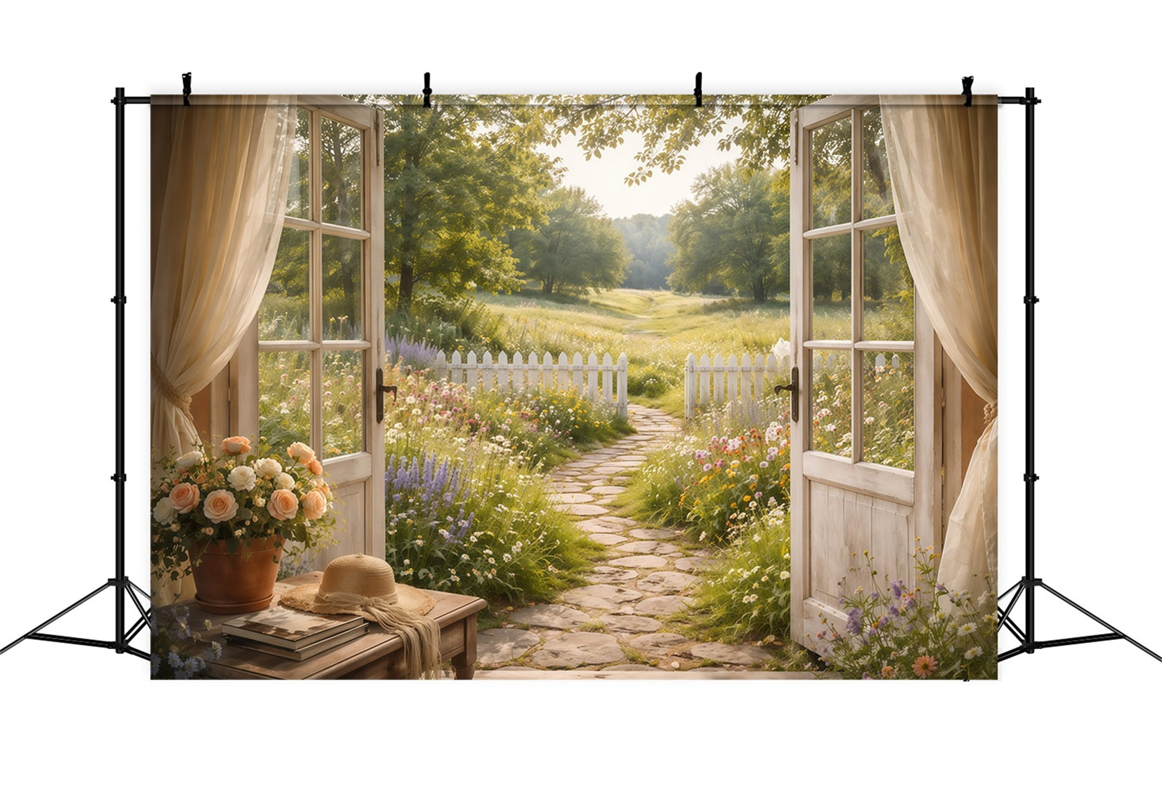 Farmhouse Chic Mother's Day Backdrop Sunlit Path Open Window View Mother's Day Picture Backdrop UK LXX63-42