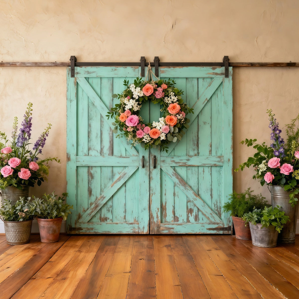 Farmhouse Chic Mother's Day Backdrop Distressed Teal Barn Door Wreath Mother's Day Picture Backdrop UK LXX63-44