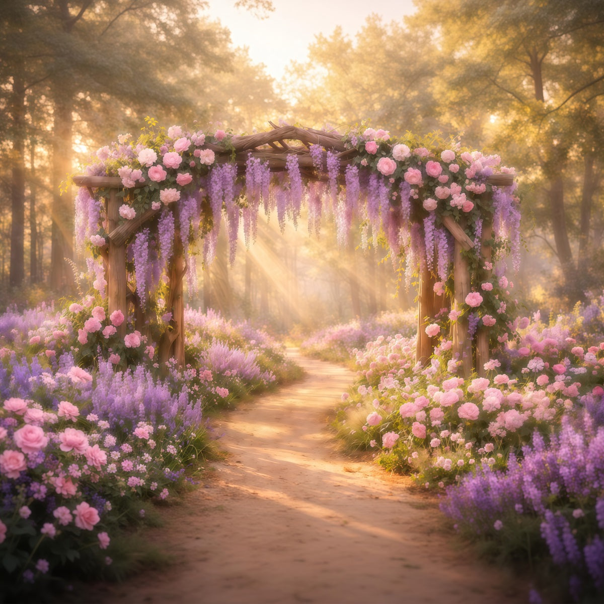Lavender Bouquet Mother's Day Backdrop Golden Sunlight Floral Wisteria Arch Backdrop Mothers Day UK LXX63-48