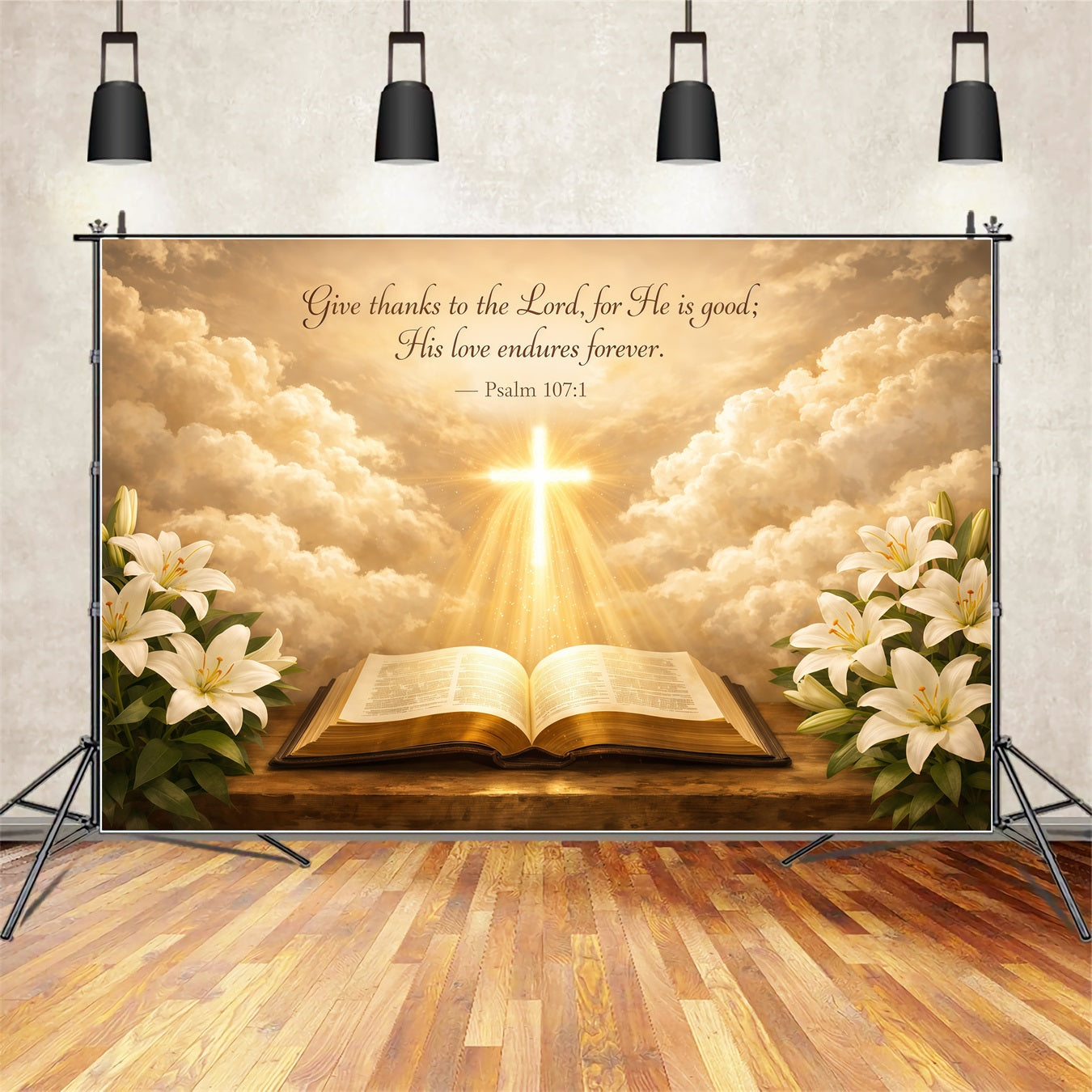 Mother's Day Backdrop Ideas For Church Golden Light Cross Lily Clouds Happy Mothers Day Photo Backdrop UK LXX63-50