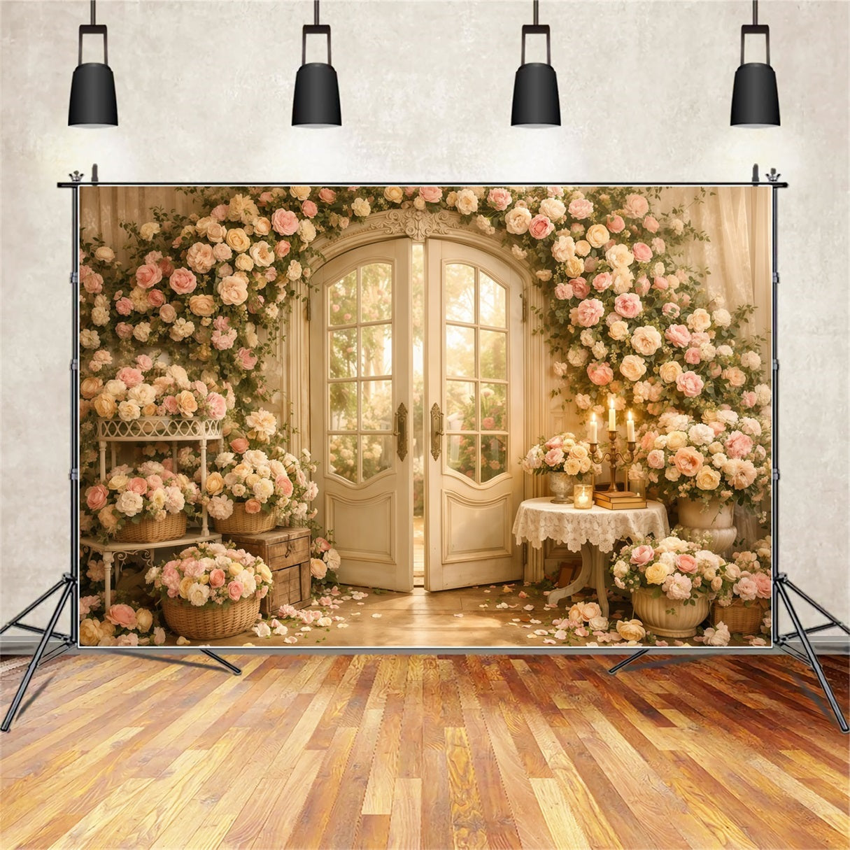 Mother's Day Backdrop With Flowers Romantic Floral Door Candle Vintage Backdrop Mother Day UK LXX63-55