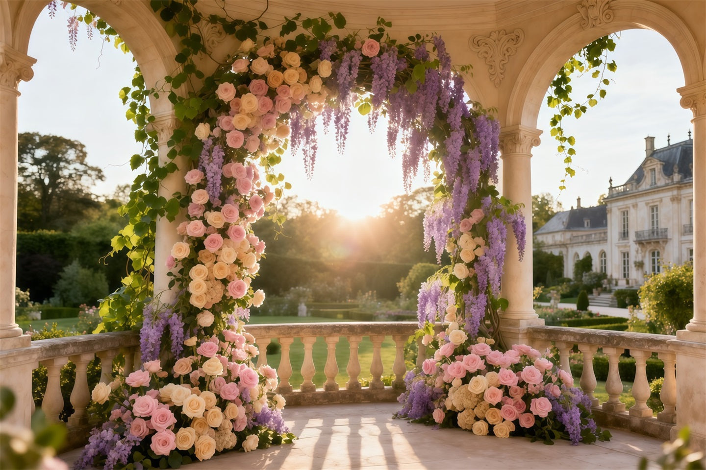 Floral Mother's Day Backdrop Ideas Column Arch Sunset Rose Wisteria Backdrop Design For Mother's Day UK LXX63-57