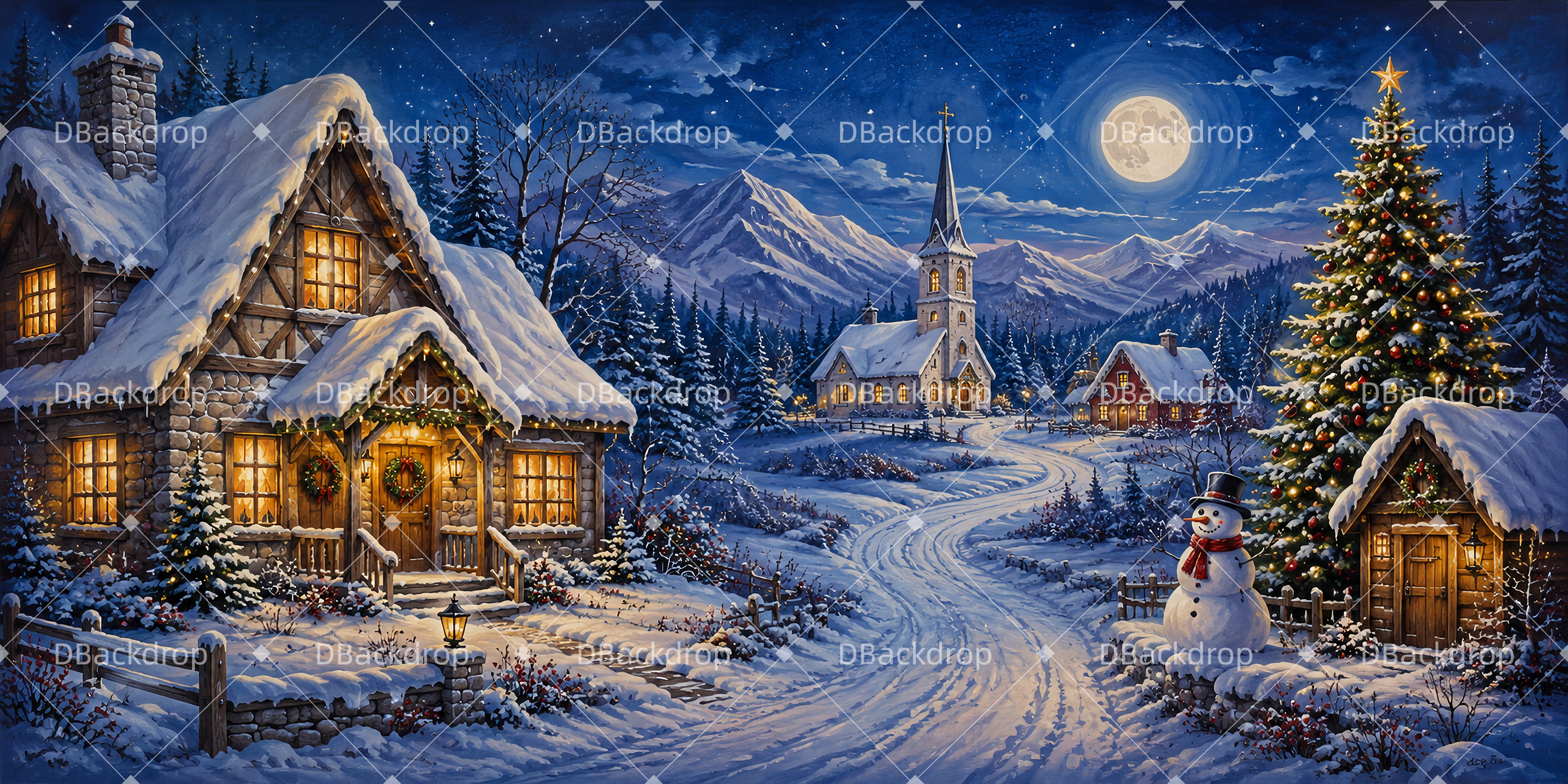 Theater Backdrops Snowy Mountain Town Christmas UK Stage Backdrops LXX66-T69