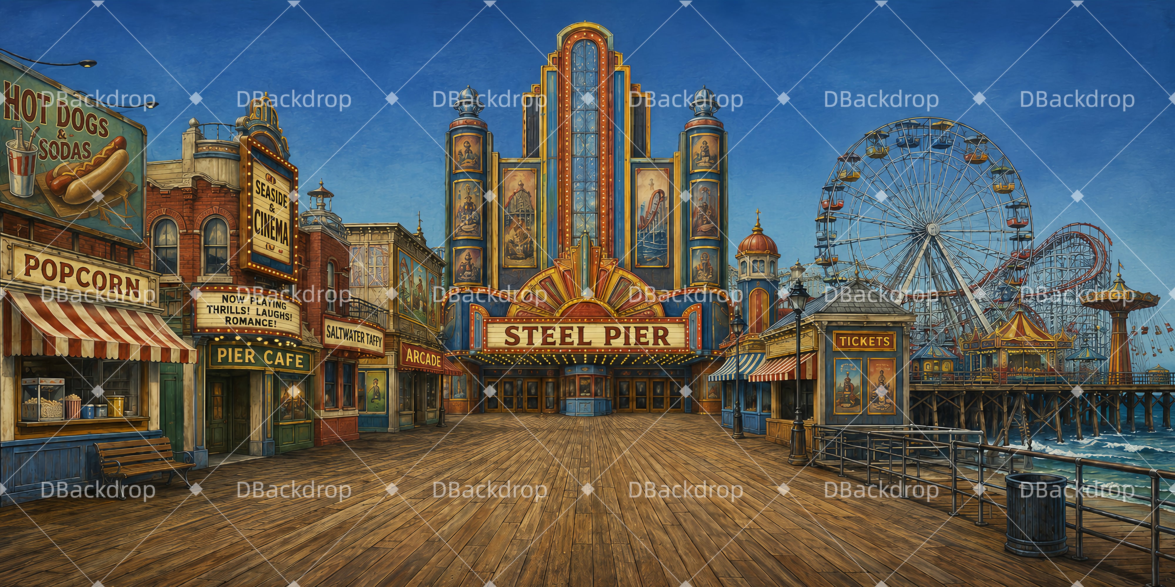 Large Stage Backdrops Amusement Pier UK School Play Backdrops LXX66-T83