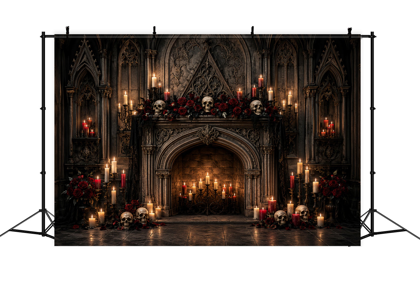 Photo Booth Halloween Backdrop Ideas Gothic Skull Candle Fireplace Halloween Picture Backdrop UK LXX67-125