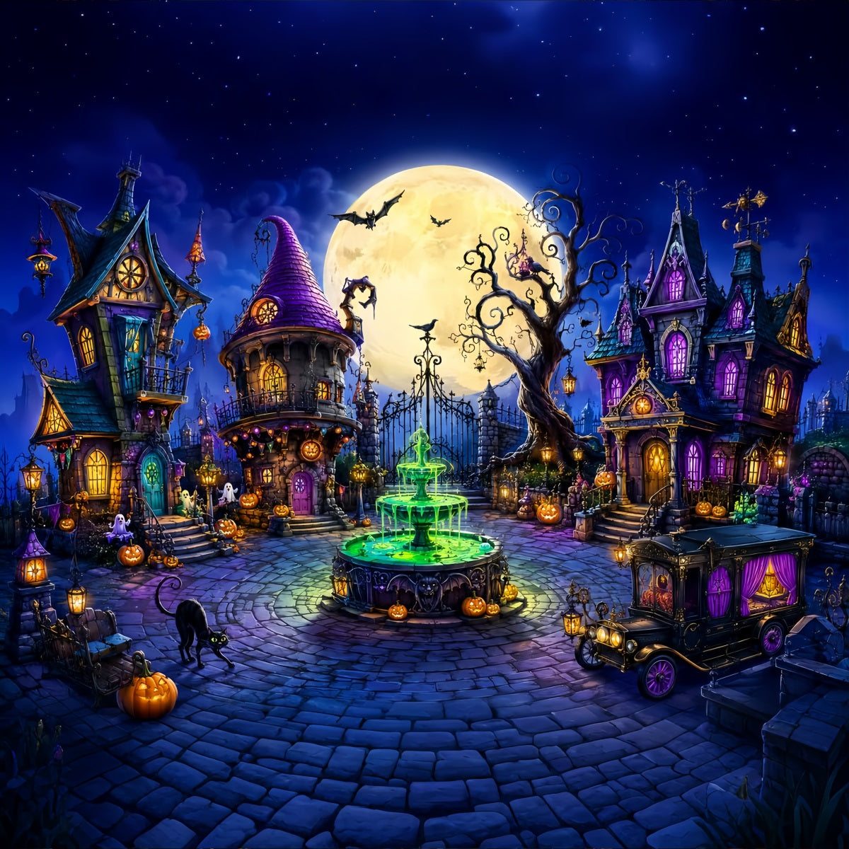 Halloween Backdrop Outdoor Whimsical Moon Witch Town Photo Backdrop Halloween UK LXX67-131