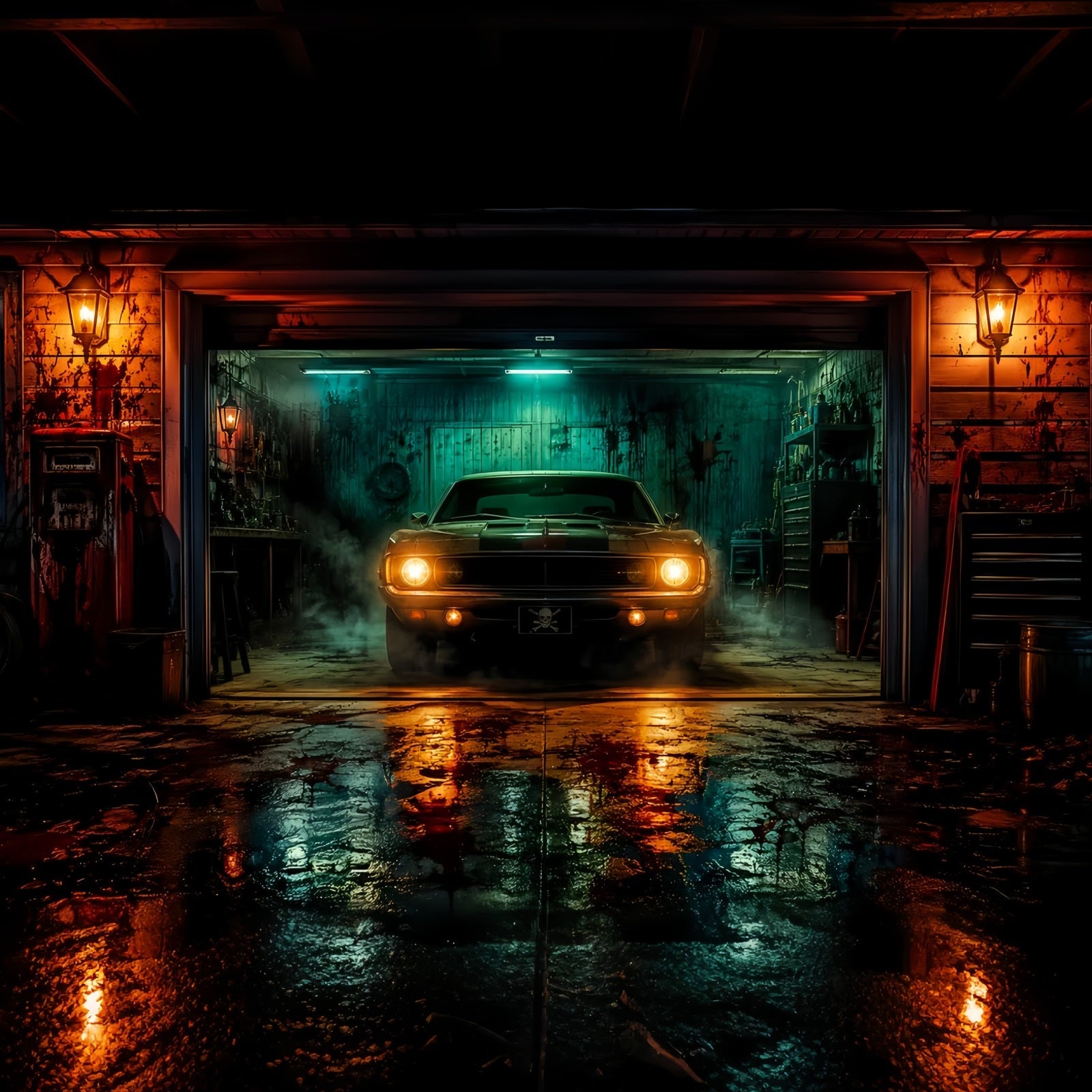 Halloween Garage Backdrop Haunted Muscle Car Barn Backdrops For Halloween UK LXX67-134