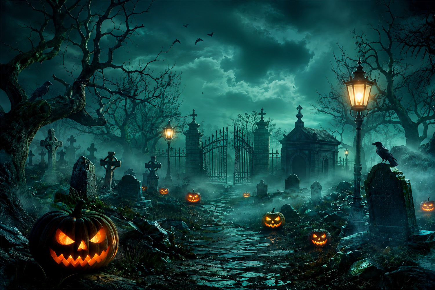 Custom Halloween Backdrop Foggy Graveyard Gate Pumpkins Halloween Graveyard Backdrop UK LXX67-14