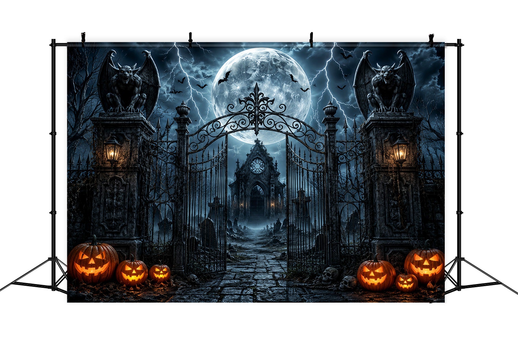 Halloween Party Photo Backdrop Ideas Stormy Gargoyle Cemetery Gateway Creepy Halloween Backdrop UK LXX67-154