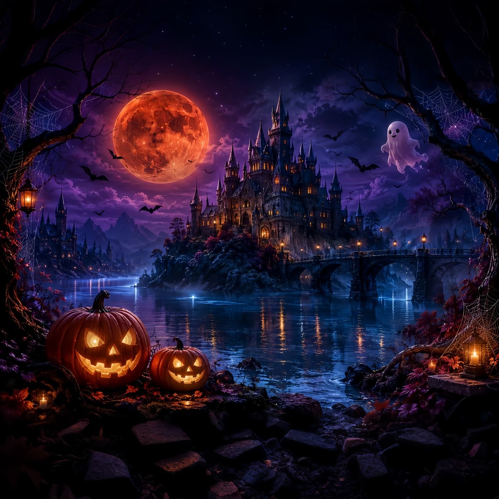 Halloween Moon Backdrop Moonlit Ghost Castle Lake Halloween Photo Backdrops UK LXX67-167