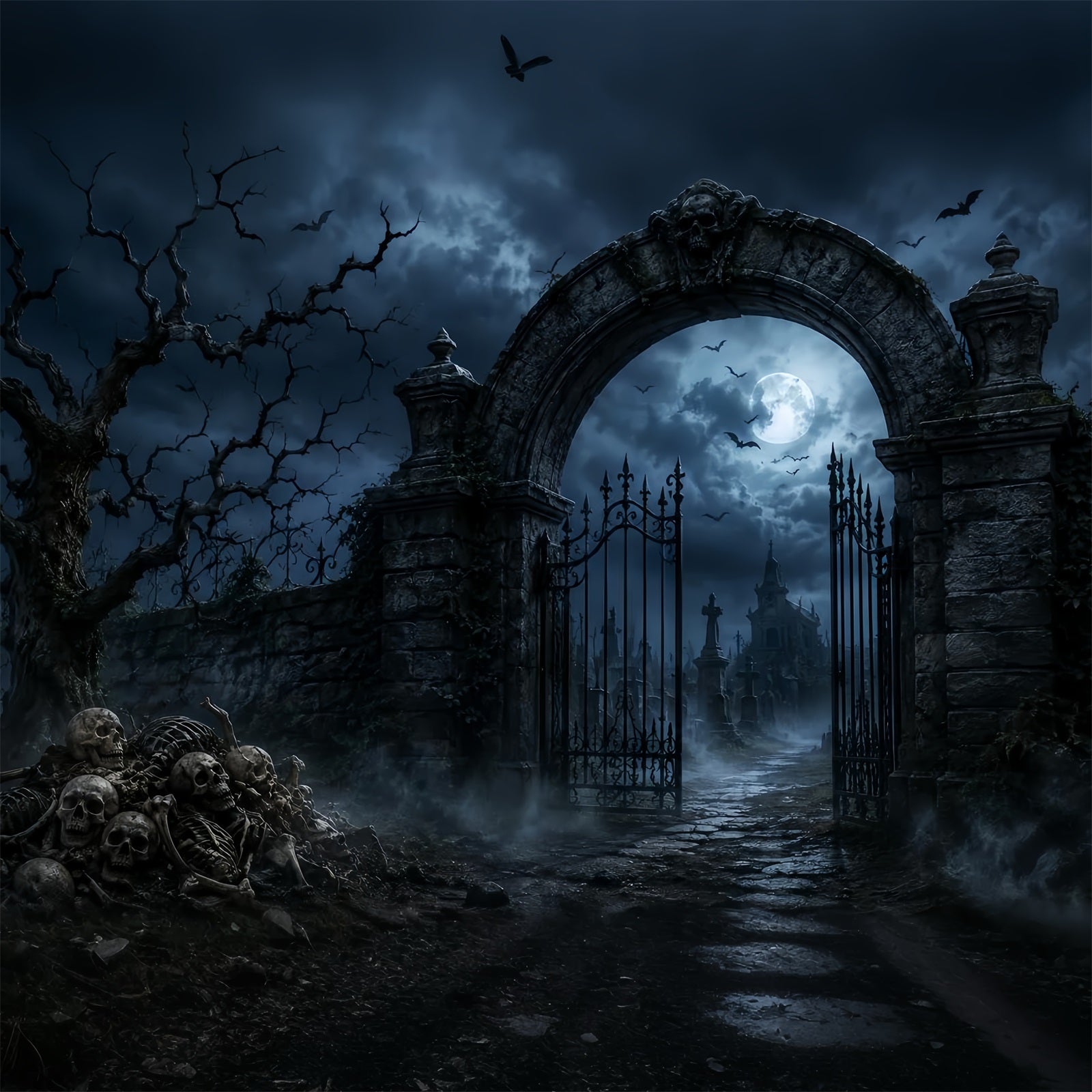 Outdoor Halloween Backdrop Skeleton Graveyard Stone Gateway Spooky Halloween Backdrop UK LXX67-168