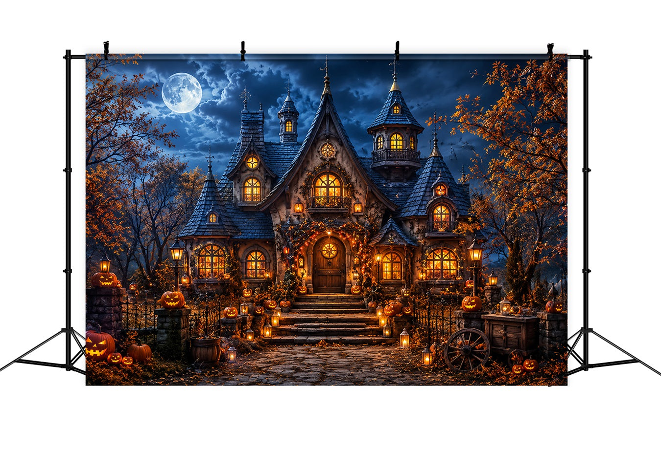Fall Halloween Backdrop Moonlit Pumpkin Cottage Lanterns Scary Halloween Backdrops UK LXX67-17
