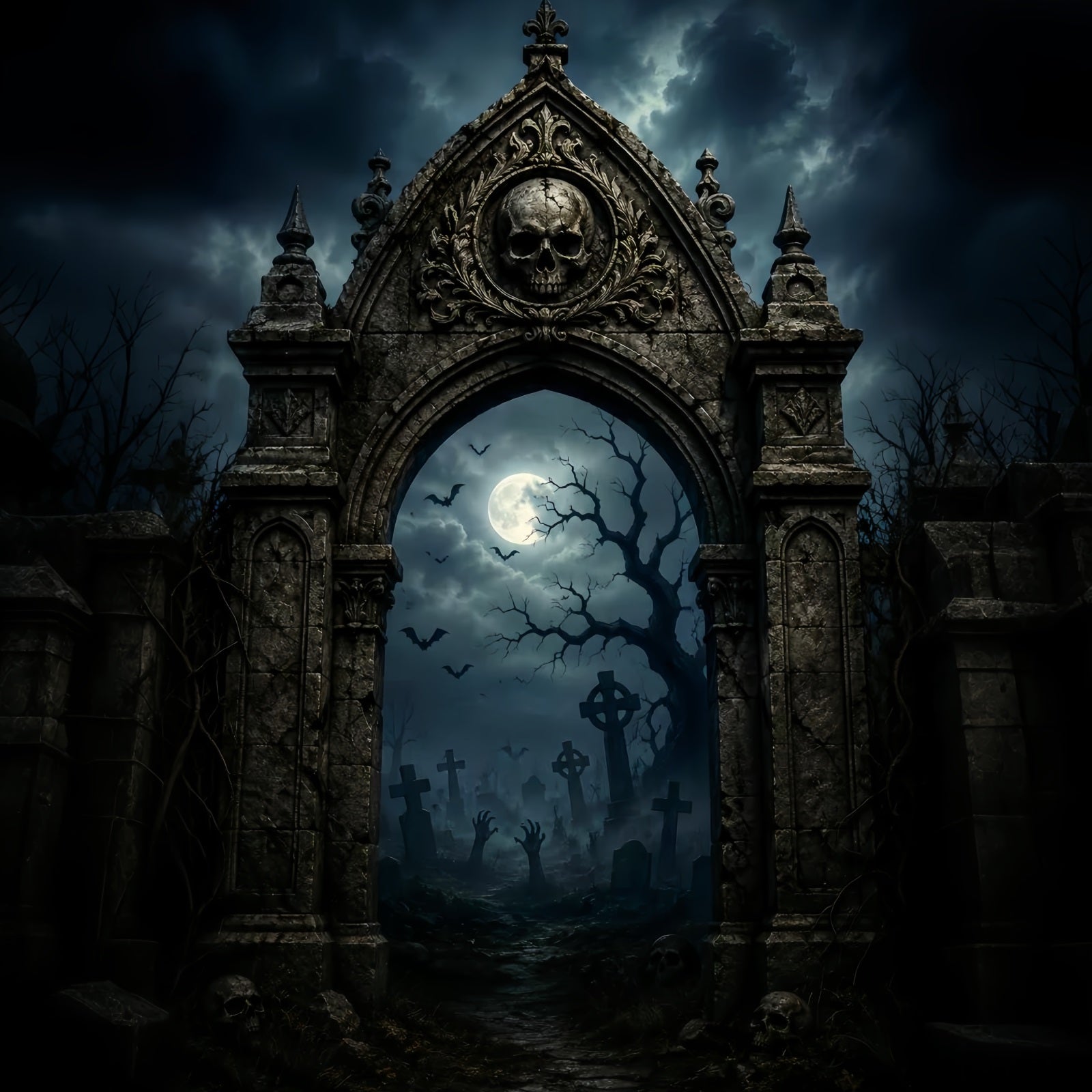 Halloween Outdoor Backdrop Gothic Skull Graveyard Arch Halloween Backdrops For Photos UK LXX67-170