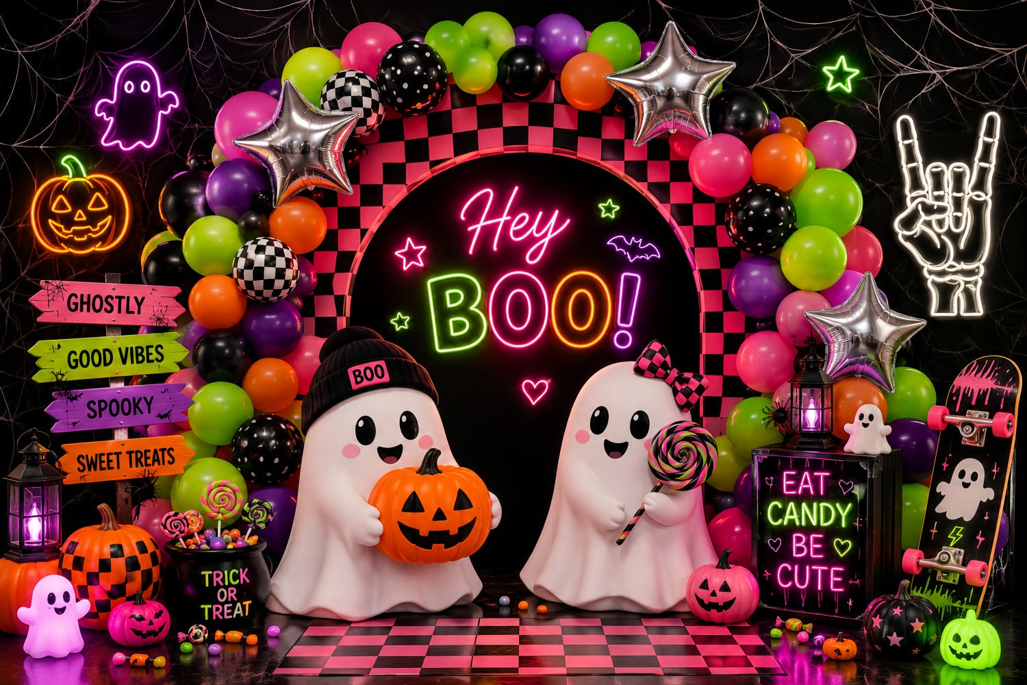 Halloween Backdrop For Photo Booth Neon Ghost Balloon Party Cute Halloween Backdrop UK LXX67-182