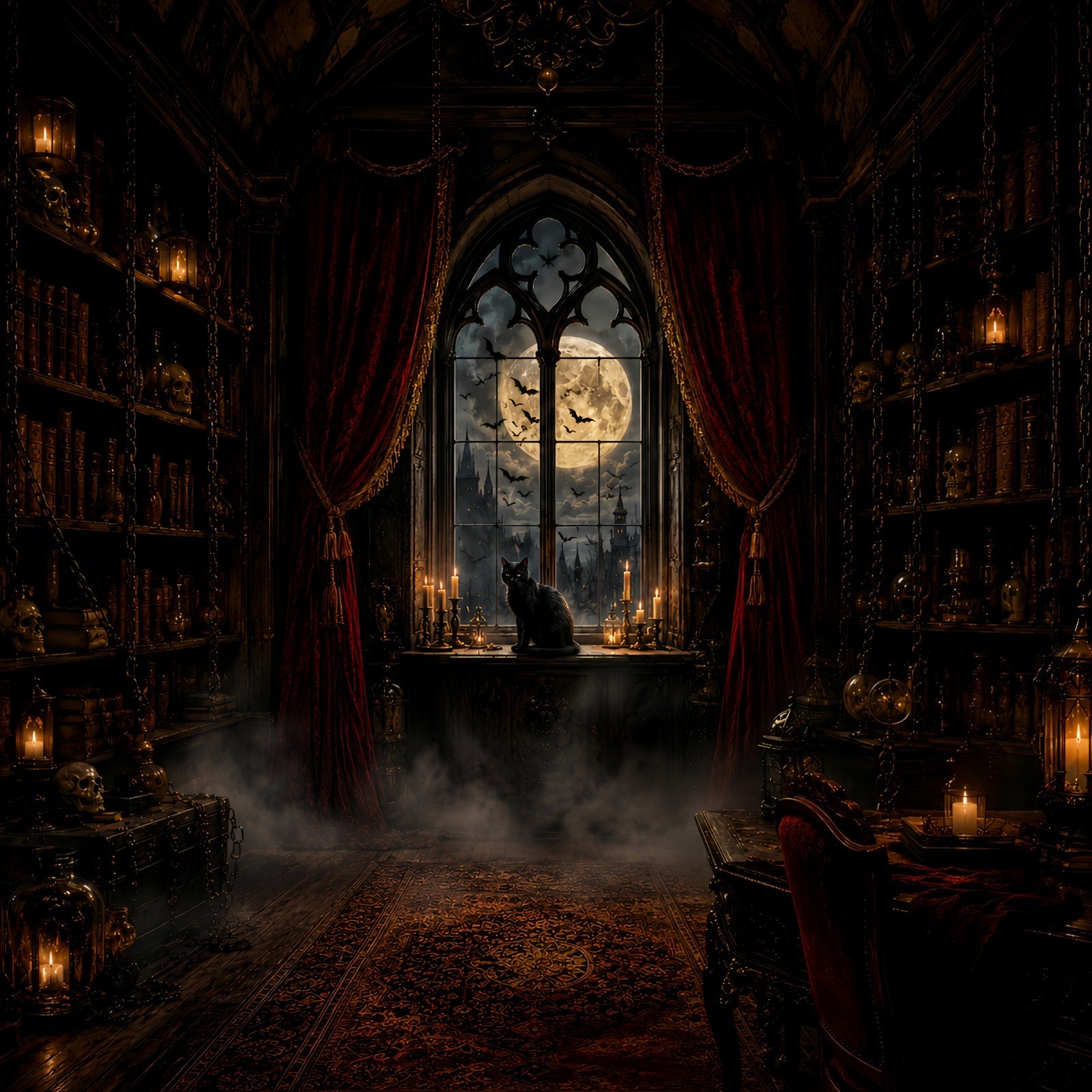 Scary Halloween Backdrop Ideas Moonlit Gothic Cat Library Halloween Photoshoot Backdrop UK LXX67-187