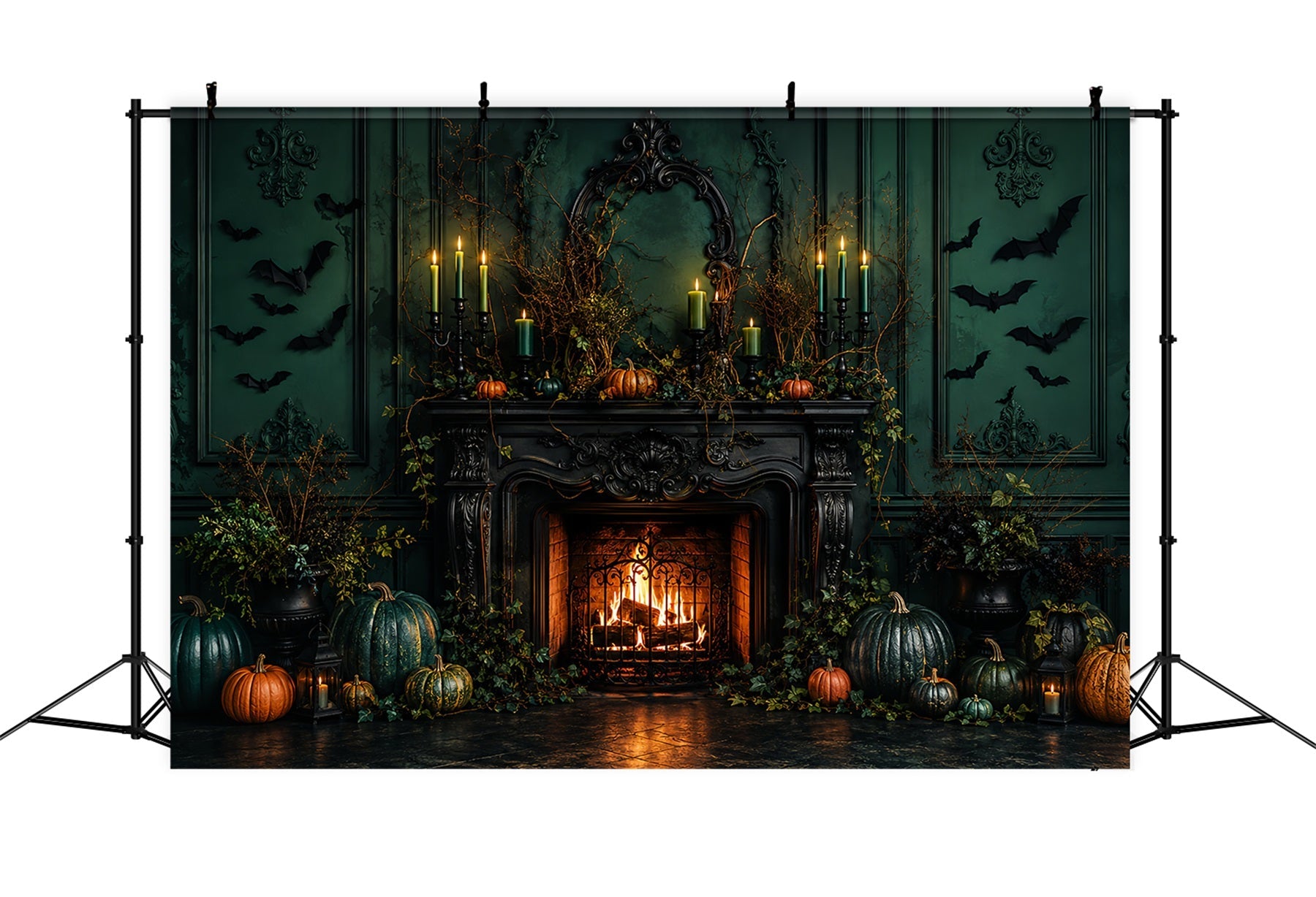 Scary Halloween Photo Backdrops Emerald Pumpkin Fireplace Mantel Happy Halloween Backdrop UK LXX67-206