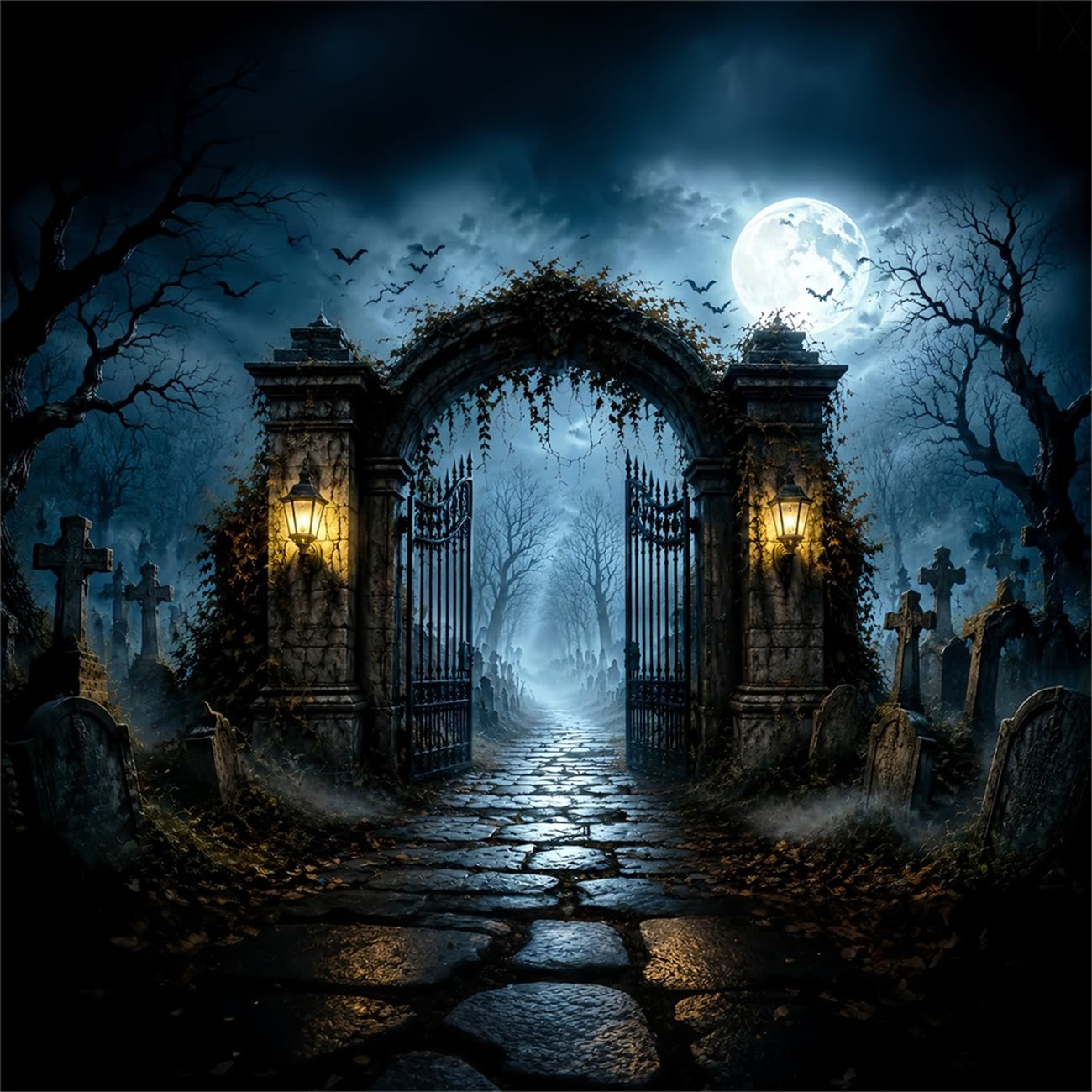 Backdrop Halloween Photo Booth Moonlit Cemetery Iron Gate Halloween Party Photo Backdrop UK LXX67-21