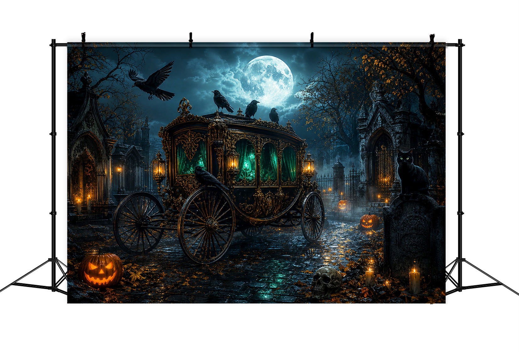 Graveyard Backdrop Moonlit Raven Funeral Carriage Halloween Backdrops UK LXX67-211