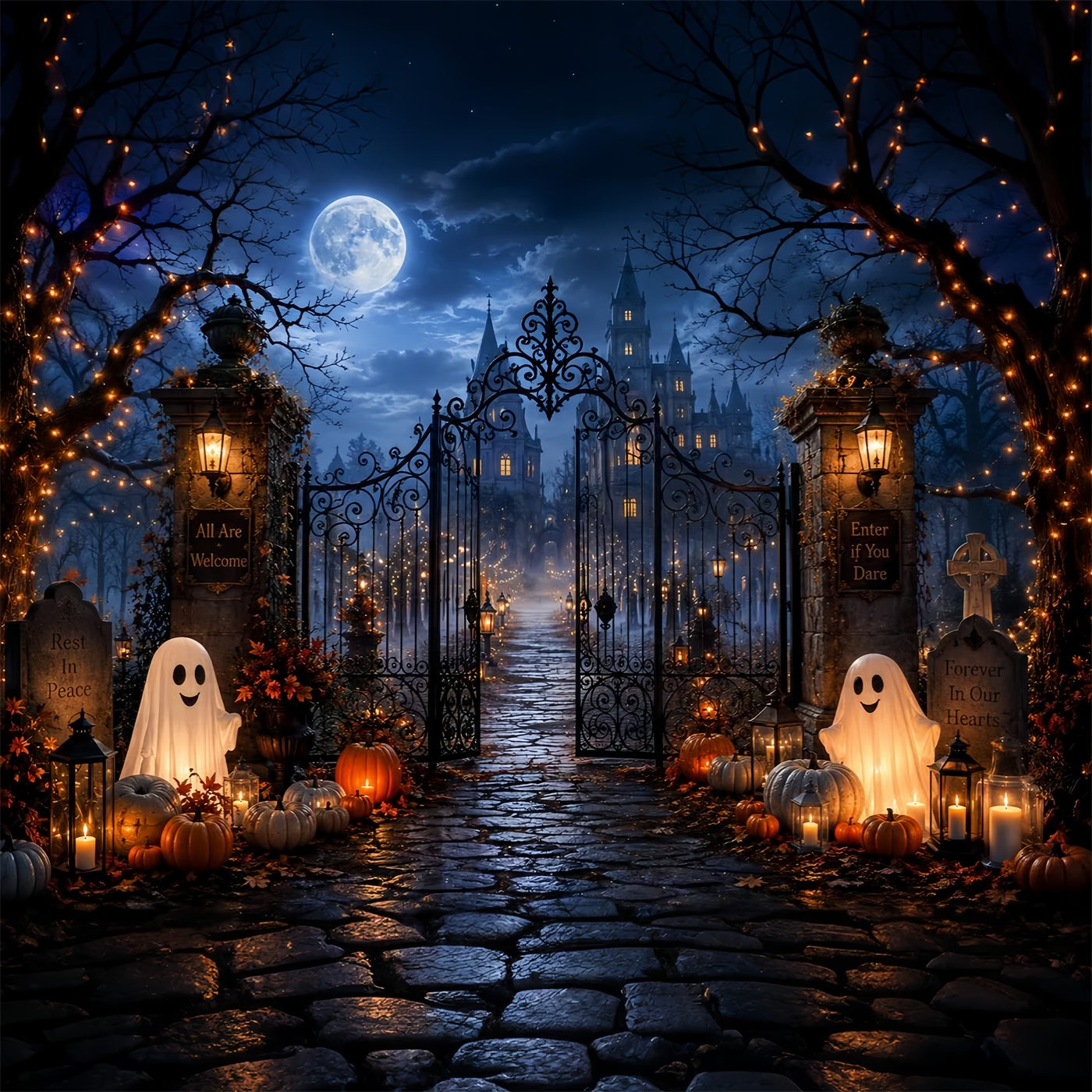 Halloween Graveyard Backdrop Ghostly Castle Entrance Halloween Backdrops Scene Setters UK LXX67-219