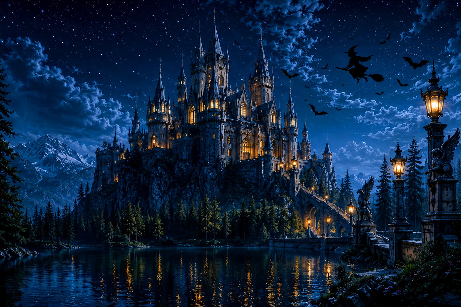 Haunted Castle Backdrop Moonlit Witch House Lake Halloween Picture Backdrop UK LXX67-233