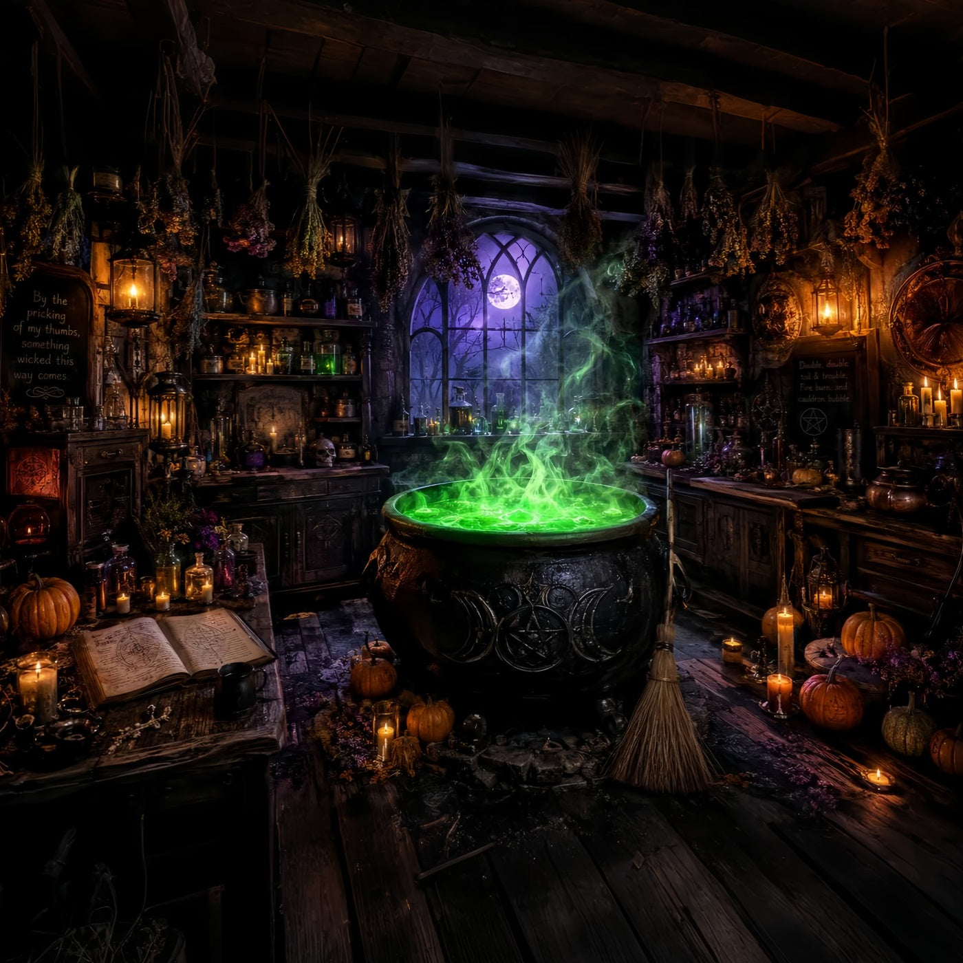 Halloween Witch Backdrop Green Cauldron Workshop Halloween Party Photo Backdrop UK LXX67-241