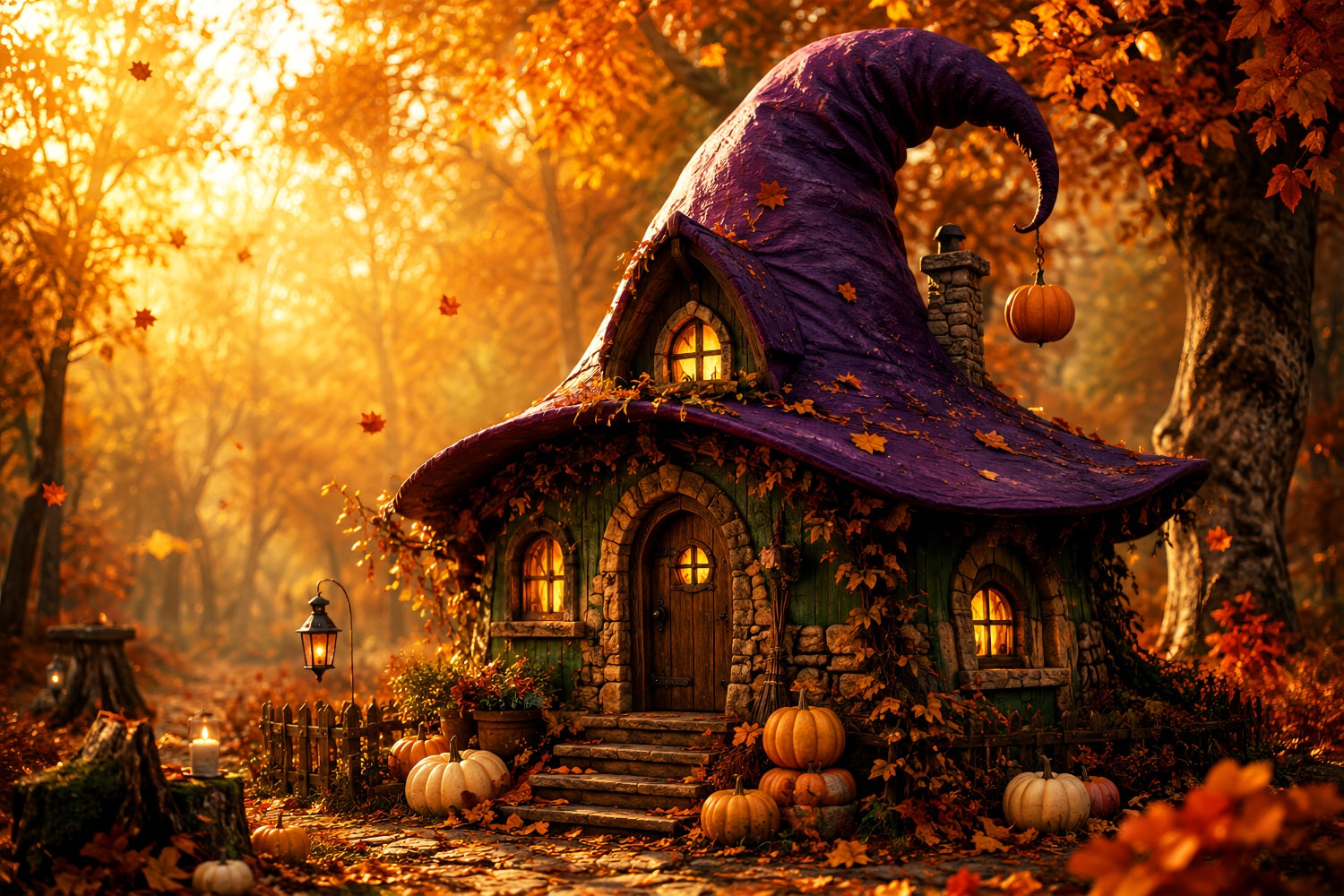Witch House Backdrop Autumn Witch Hat Cottage Spooky Photo Backdrop UK LXX67-249