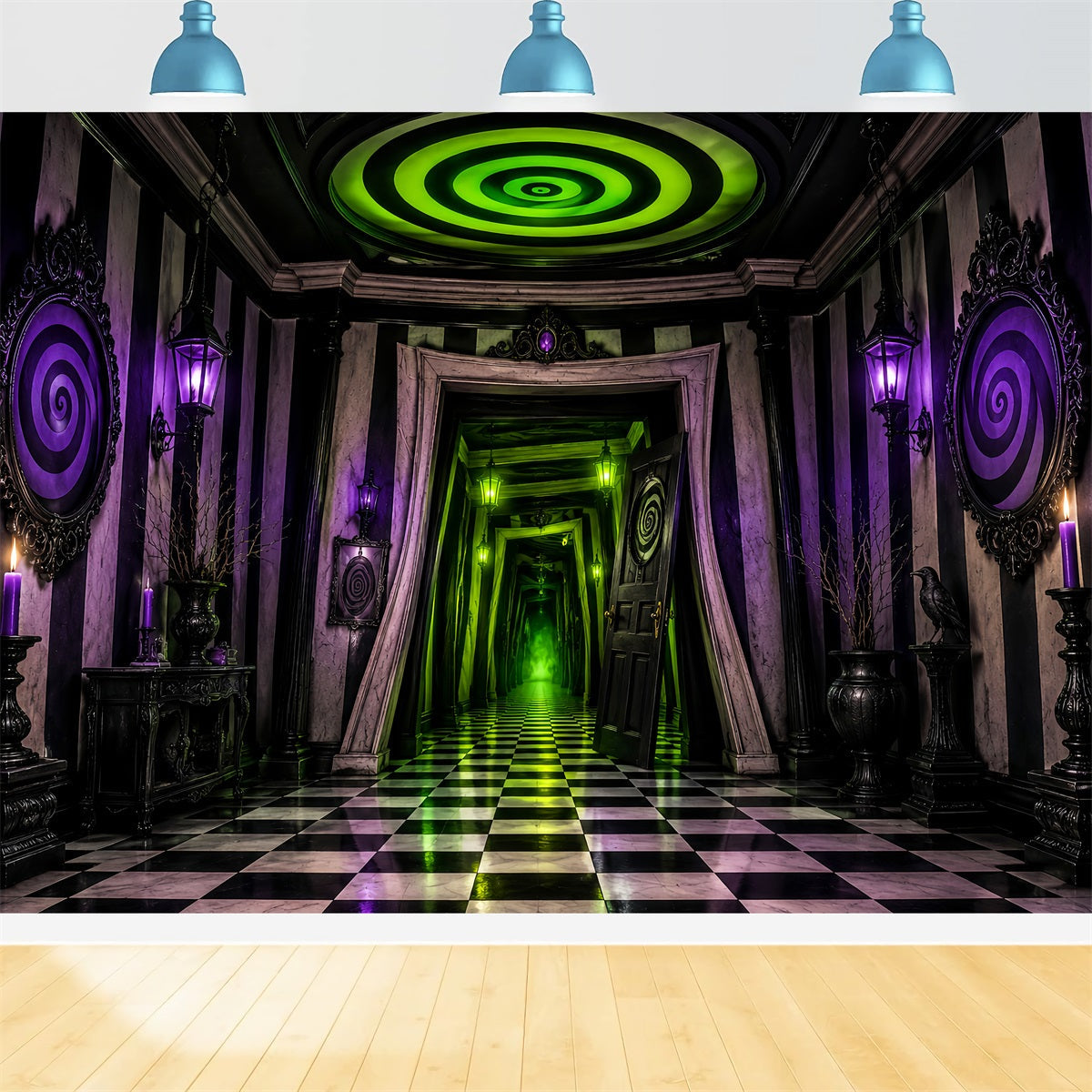 Spooky House Backdrop Neon Spiral Checkered Corridor Spooky Halloween Backdrops UK LXX67-252