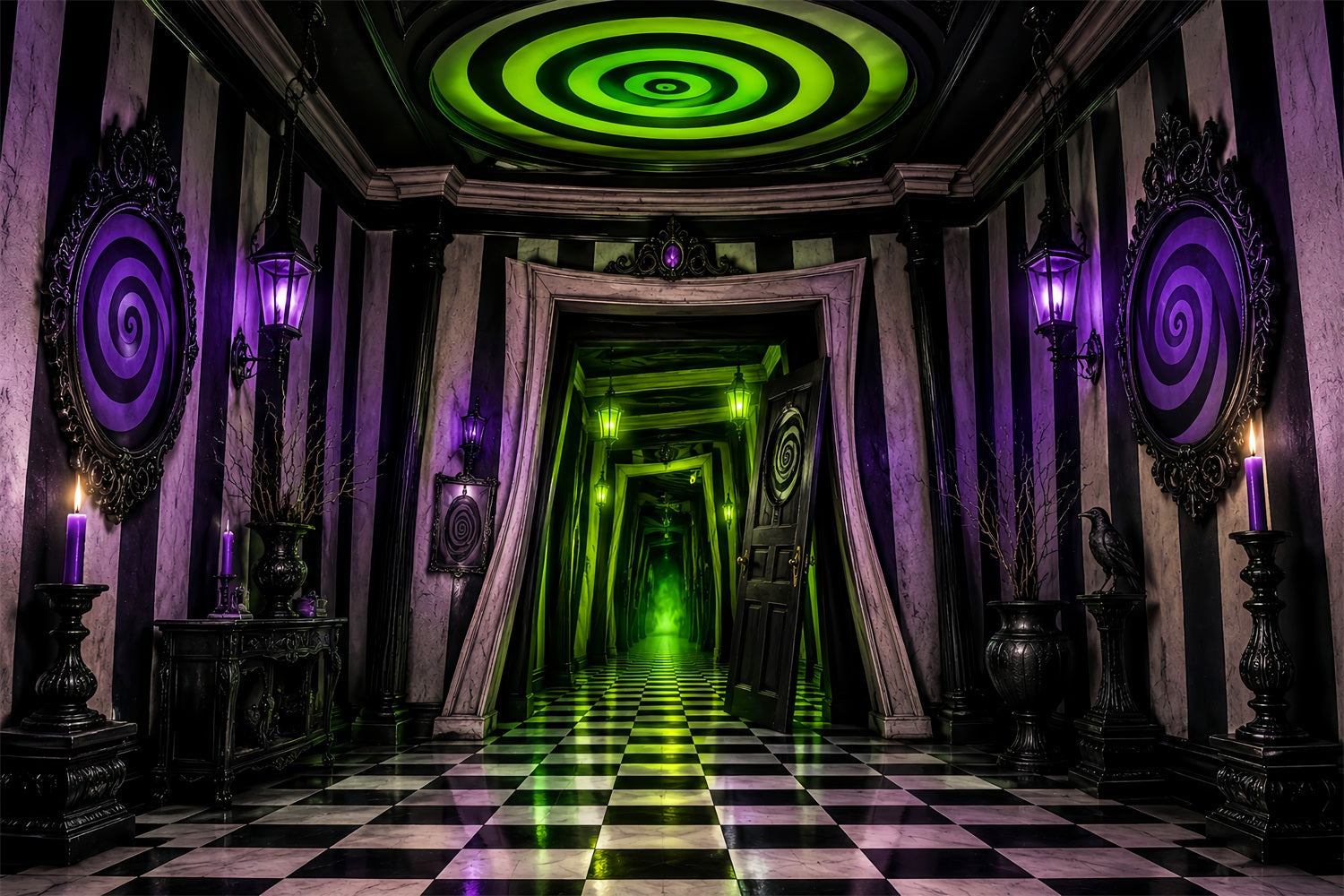 Spooky House Backdrop Neon Spiral Checkered Corridor Spooky Halloween Backdrops UK LXX67-252