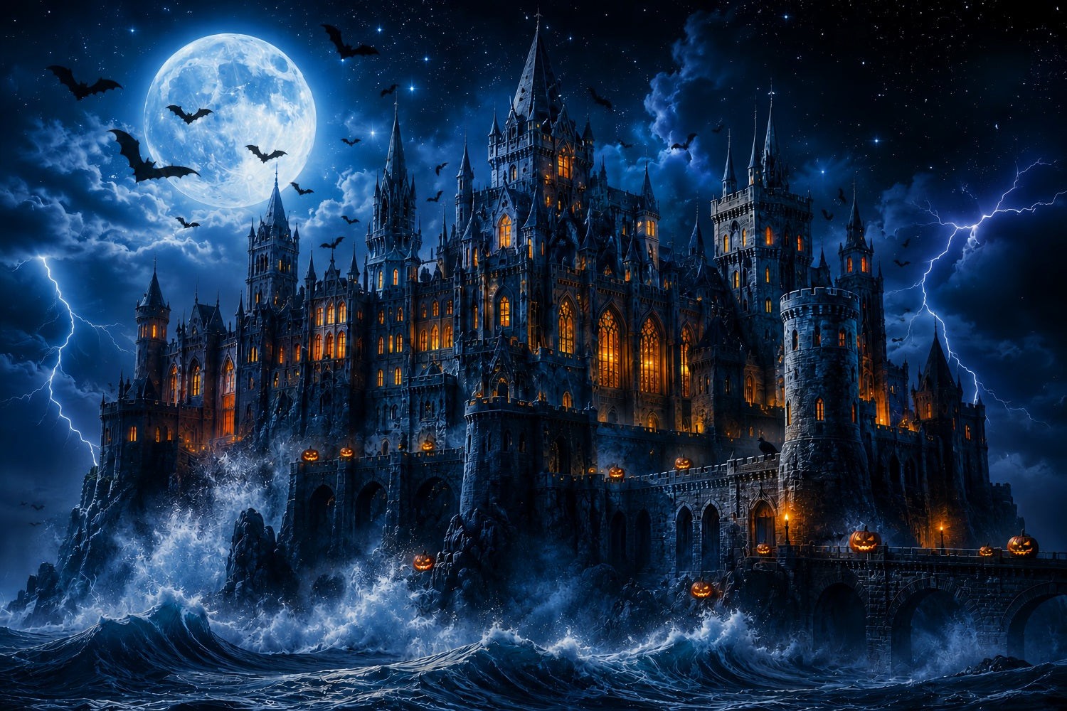 Halloween Castle Backdrop Stormy Moonlit Ocean Scary Backdrops For Halloween UK LXX67-260