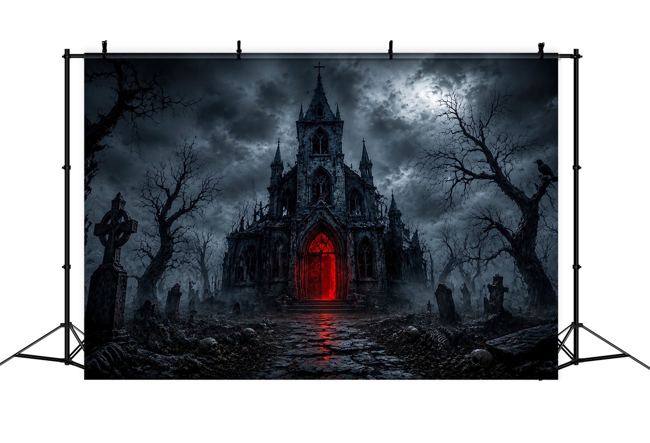 Halloween House Backdrop Gothic Church Red Portal Halloween Cemetery Backdrop UK LXX67-28