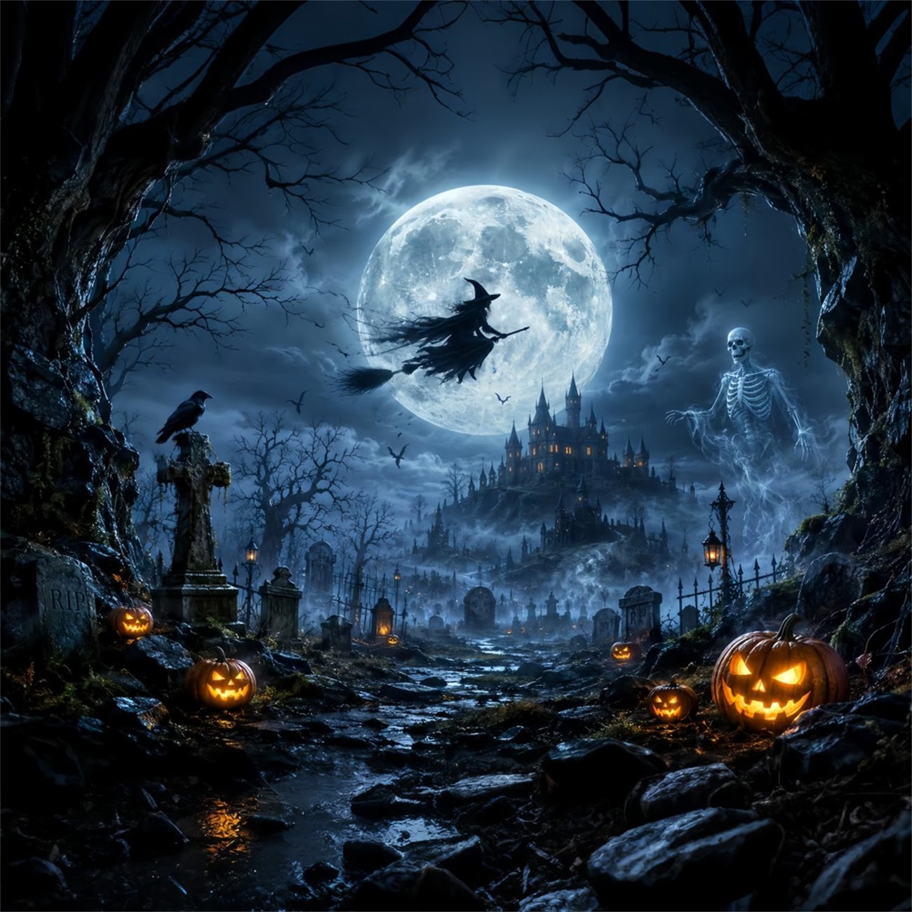 Scary Halloween Backdrop Ideas Moonlit Witch Skeleton Graveyard Halloween Photoshoot Backdrop UK LXX67-29