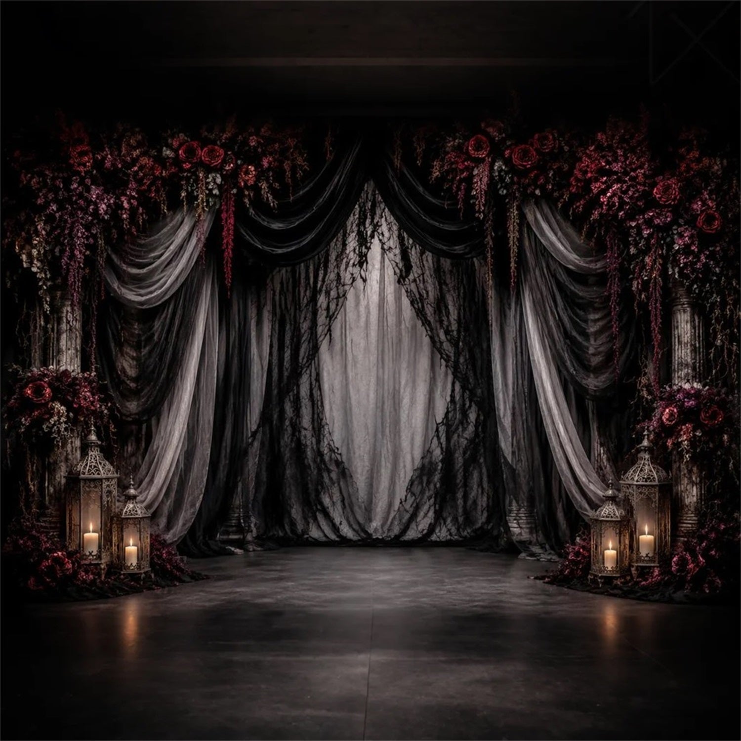 Halloween Wedding Backdrop Gothic Drapery Crimson Roses Halloween Photo Backdrop UK LXX67-3