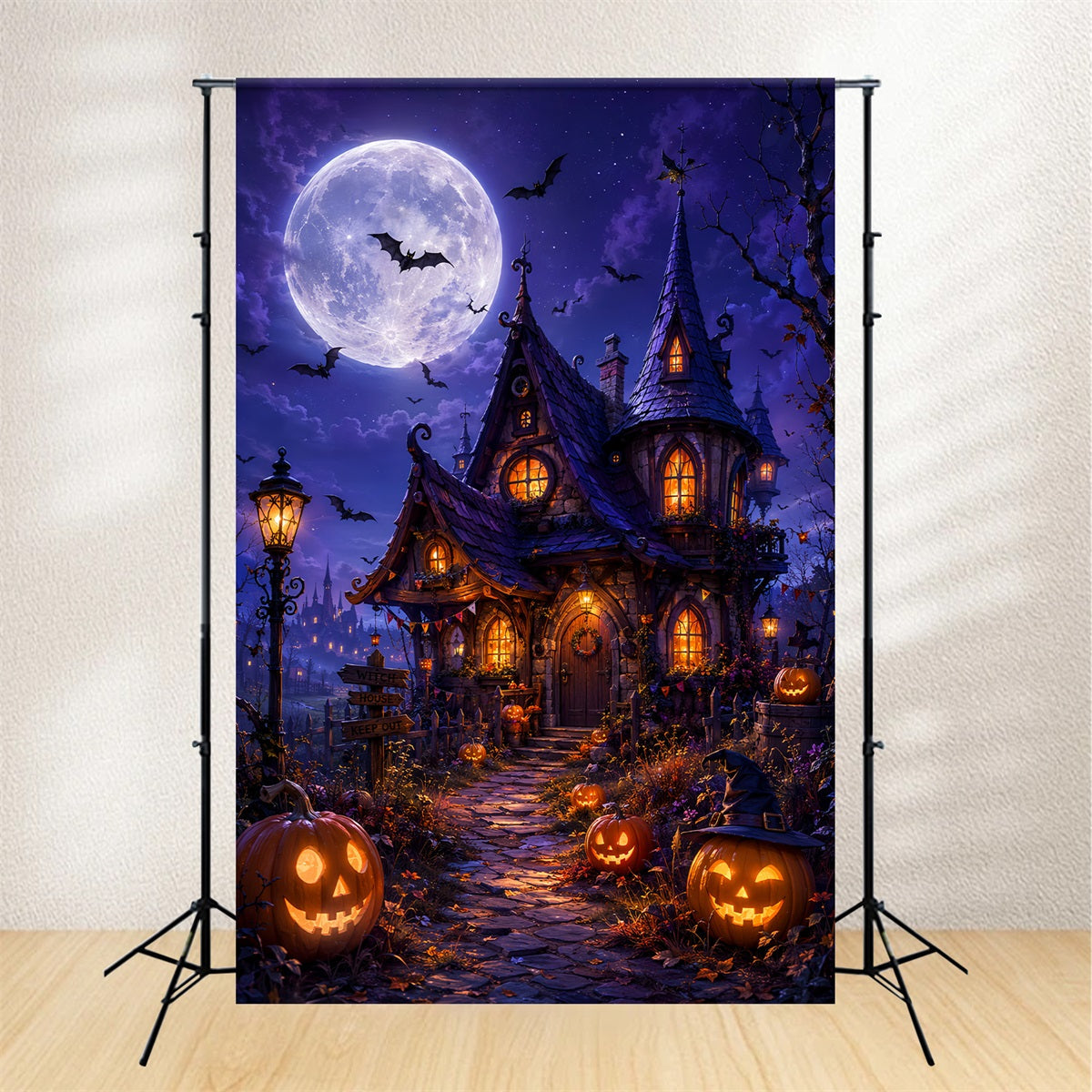 DIY Halloween Backdrop Ideas Moonlit Witch Cottage Pumpkins Scary Backdrops For Halloween UK LXX67-33