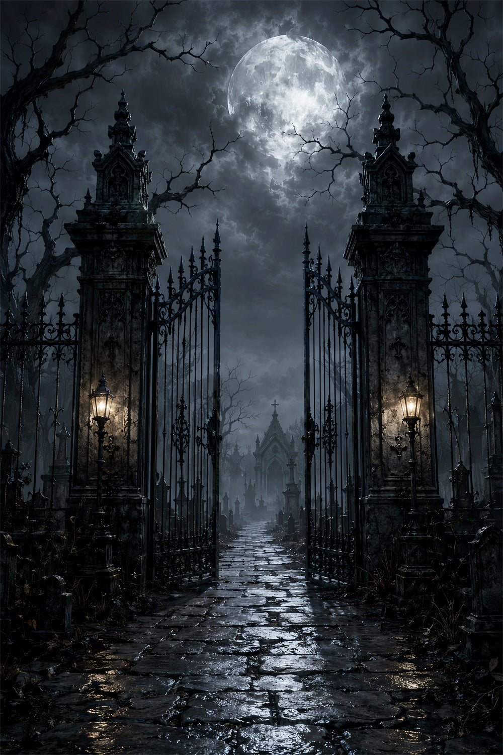 Halloween Cloth Backdrop Moonlit Cemetery Iron Gate Graveyard Halloween Backdrops UK LXX67-47